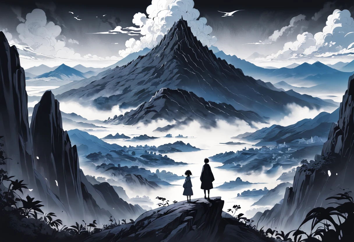 Black and white stick figure landscape and character landscape background, People are looking at the mountains, rivers and the sea of clouds, Exquisite traditional paper-cutting art, Black and white traditional style, pencil and ink manga drawing, Black and white coloring