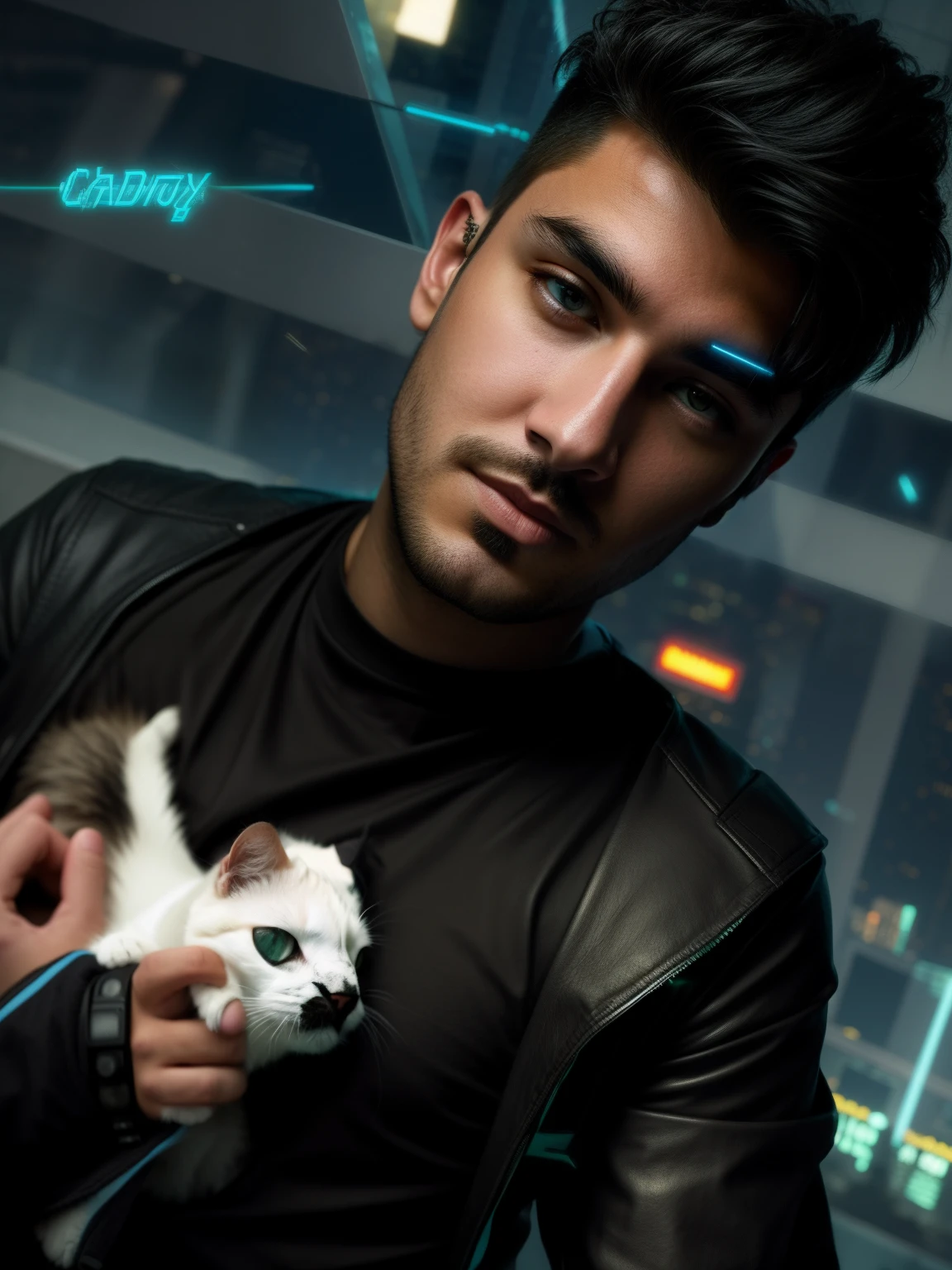Cyberpunk handsome boy ultra hd with cat, --v 4