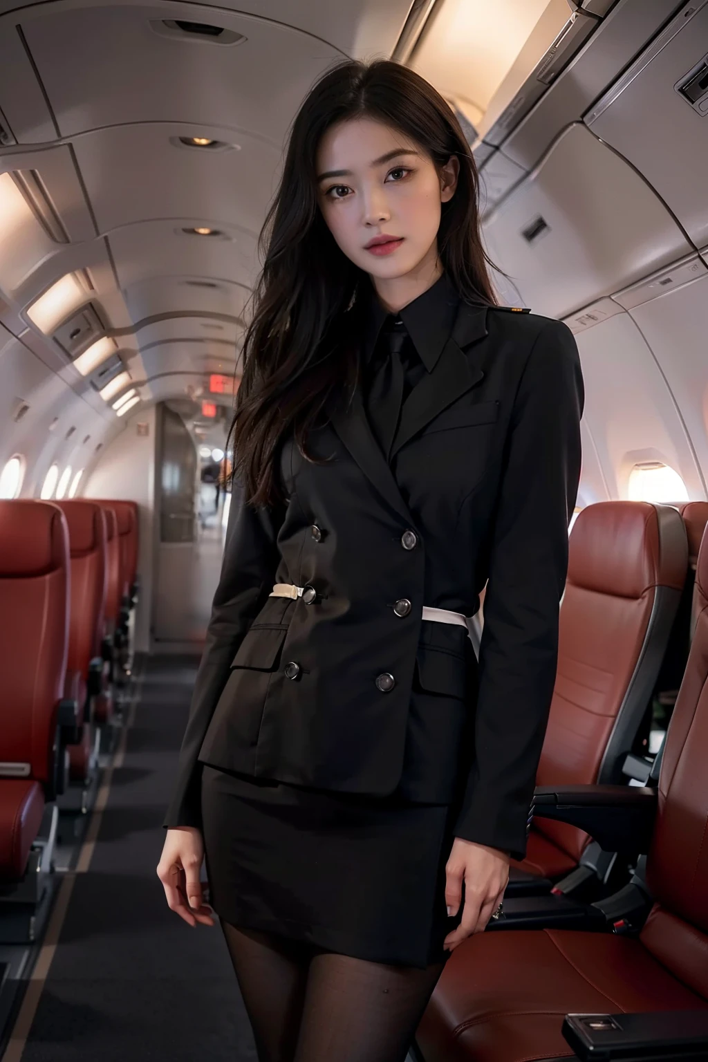 best quality, masterpiece, 8k, ultra high res, (photorealistic:1.4), highly detailed, intricate detail, delicate and beautiful, good lighting, professional lighting, sharp focus, detailed shadows, exquisite details and textures, depth of field, unity 8k wallpaper, cinematic composition, cinematic lighting, official art, Cabin Crew, flight attendant, black pantyhose, (aircraft, (Aircraft Corridor), Aircraft seats) beautiful elegant face, detailed face, detailed eyes, realistic hair, long hair, (1girl), (standing:1.3),