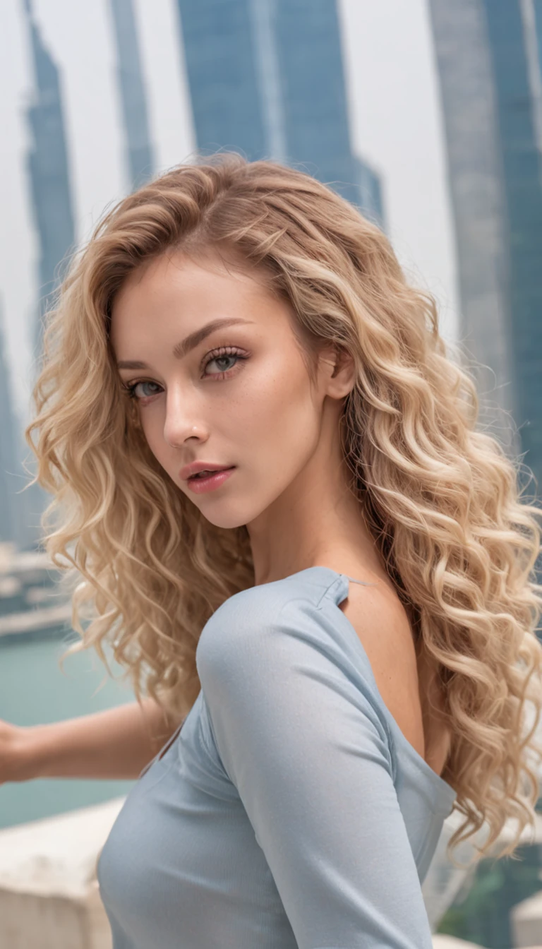 Sexy sexy woman, 20 years old, Slim, sport, Tanned skin, Big breasts, Narrow waist, curly blond hair, Instagram model, Realistic, instagram picture, Photography, リアル, Natural. View of Dubai, Tall building hands brush hair behind the woman's head, 20 years old, Slim, sport, Tanned skin, Big breasts, Narrow waist, curly blond hair, Instagram model, Realistic, instagram picture, Photography, リアル, Natural. View of Dubai, Tall hands brush his hair behind his head,full bodyesbian,stocklings,Crystal heels