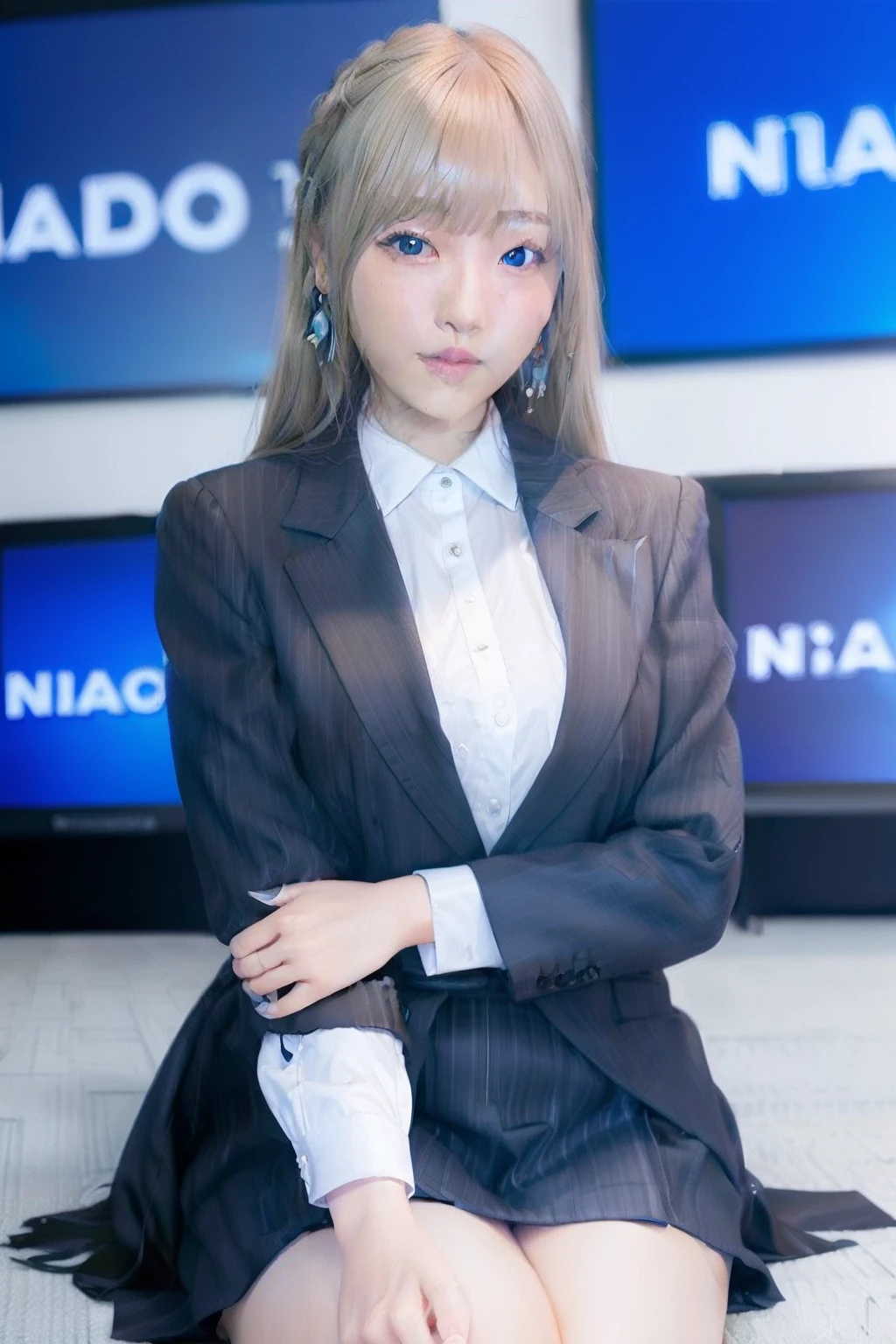 Blonde Korean woman in suit and earrings sits in front of a Nasdaq sign, Canon Digital Camera, highly realistic photo, highly, Surreal digital camera, Ultra Realistic Digital Painting, Realistic digital camera, a hyperrealistic schoolgirl, Super blonde hair and blue eyes, hyperrealistic schoolgirl, bestquality,TaylorSwift