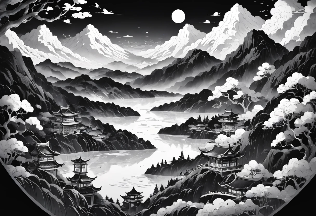 Black and white round paper cutout landscape with character landscape diagram background, People are looking at the mountains, rivers and the sea of clouds, Exquisite traditional paper-cutting art, Black and white traditional style, Black and white coloring