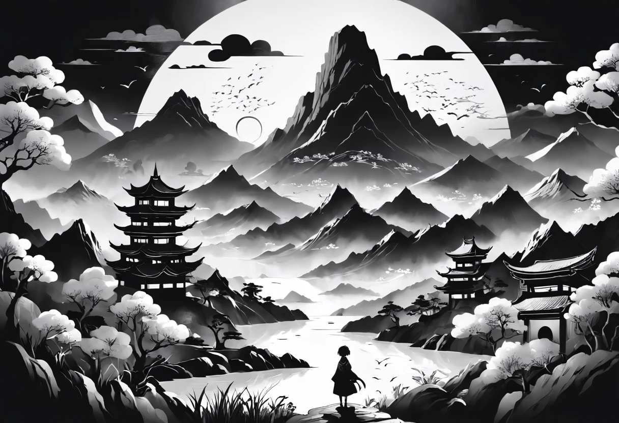 Black and white round paper cutout landscape with character landscape diagram background, People are looking at the mountains, rivers and the sea of clouds, Exquisite traditional paper-cutting art, Black and white traditional style, Black and white coloring