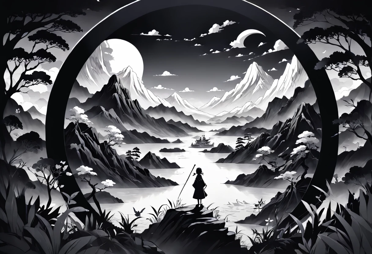 Black and white round paper cutout landscape with character landscape diagram background, People are looking at the mountains, rivers and the sea of clouds, Exquisite traditional paper-cutting art, Black and white traditional style, Black and white coloring