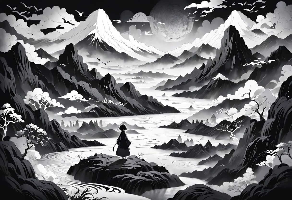 Black and white round paper cutout landscape with character landscape diagram background, People are looking at the mountains, rivers and the sea of clouds, Exquisite traditional paper-cutting art, Black and white traditional style, Black and white coloring