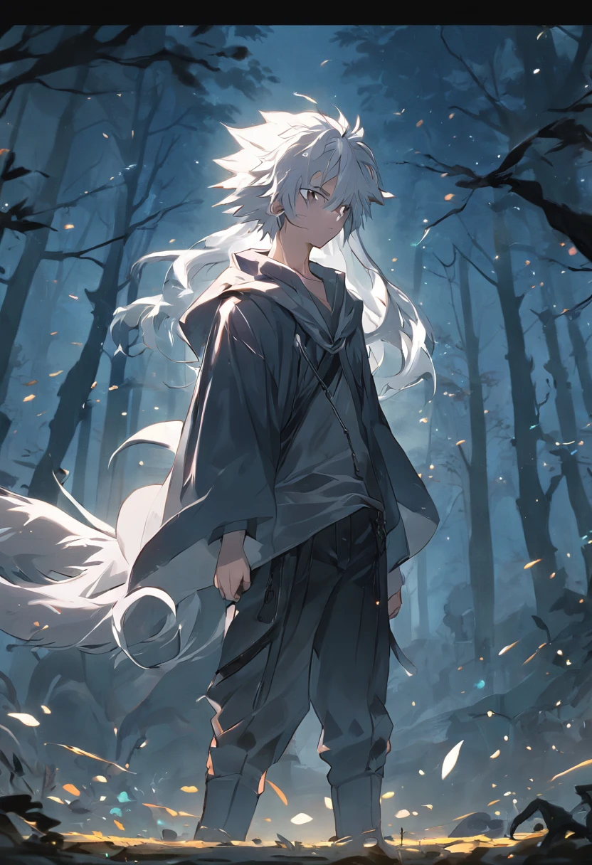 Deep mountains and old forests, lakeside, the night, Silver-haired teenager, The nine-tailed demon fox was behind the boy, The black longsword is inserted into the ground。, silver hair, long hair, anime, ray tracing, cinematic lighting, from side, perspective, UHD, highres, best quality