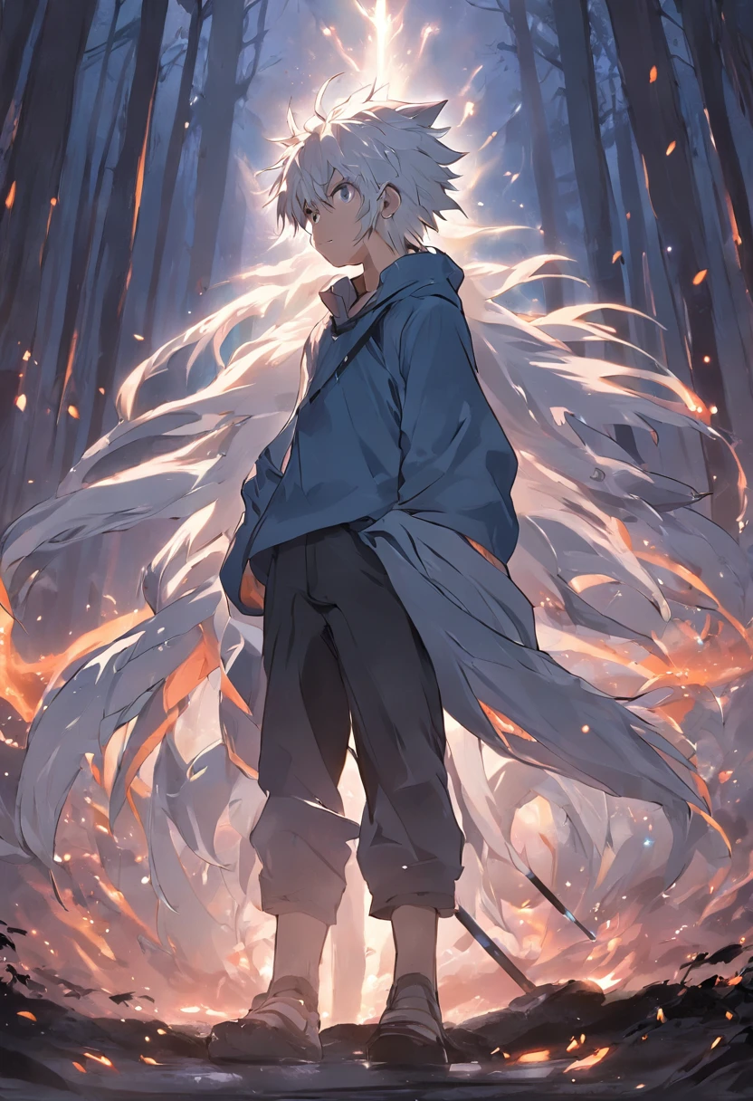 Deep mountains and old forests, lakeside, the night, Silver-haired teenager, The nine-tailed demon fox was behind the boy, The black longsword is inserted into the ground。, silver hair, long hair, anime, ray tracing, cinematic lighting, from side, perspective, UHD, highres, best quality