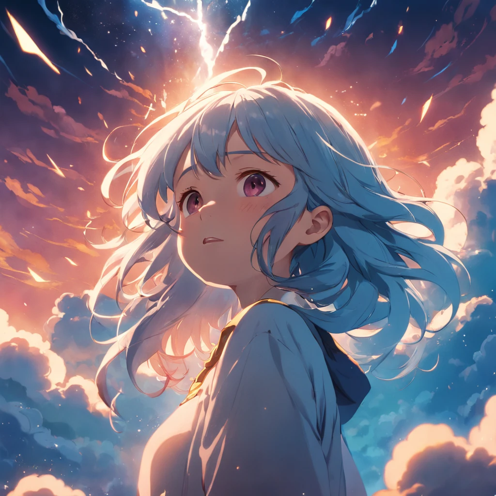 masterpiece, best quality, movie still, 1girl, cloud girl, floating in the sky, close-up, bright, happy, warm soft lighting, sunset, (sparks:0.7)