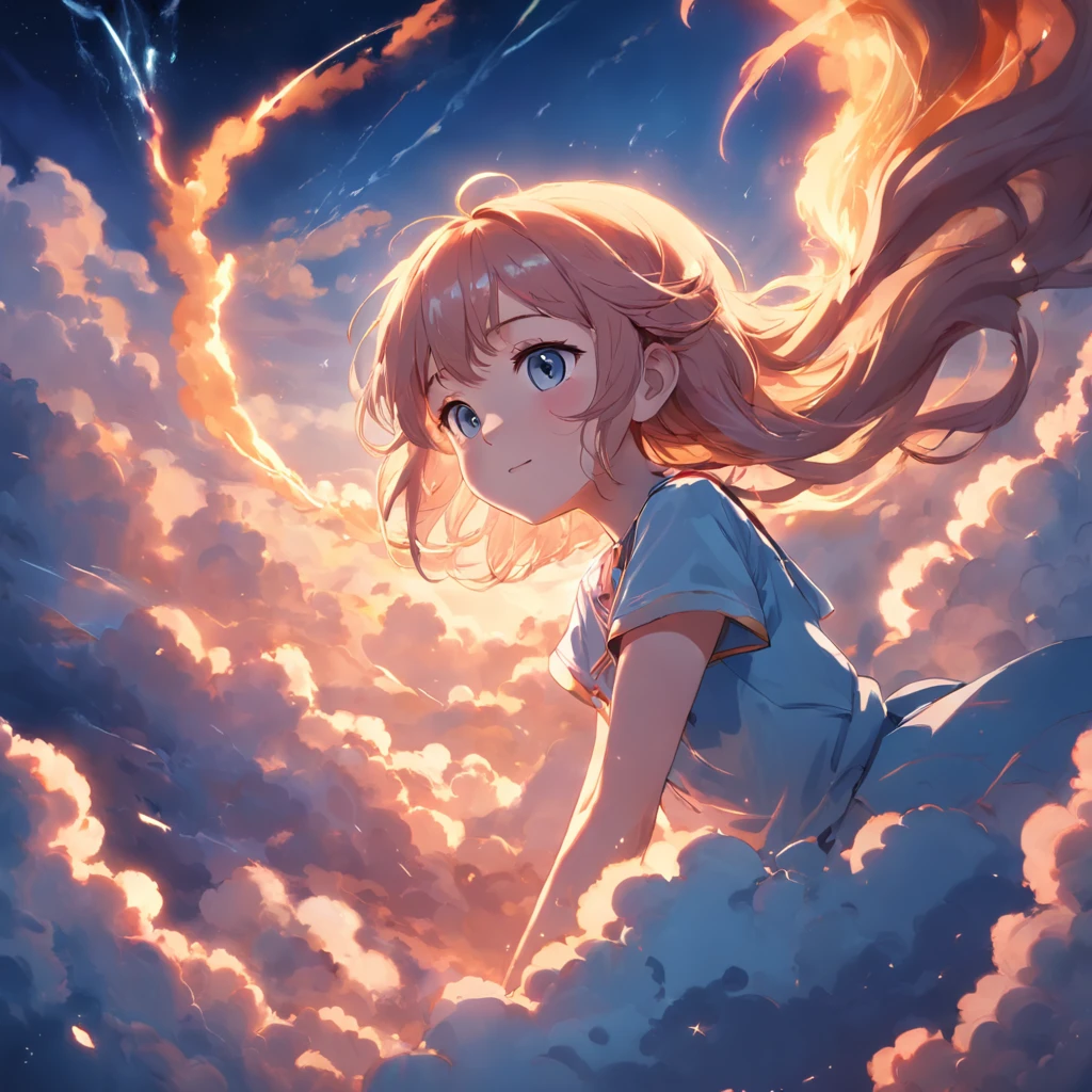 masterpiece, best quality, movie still, 1girl, cloud girl, floating in the sky, close-up, bright, happy, warm soft lighting, sunset, (sparks:0.7)