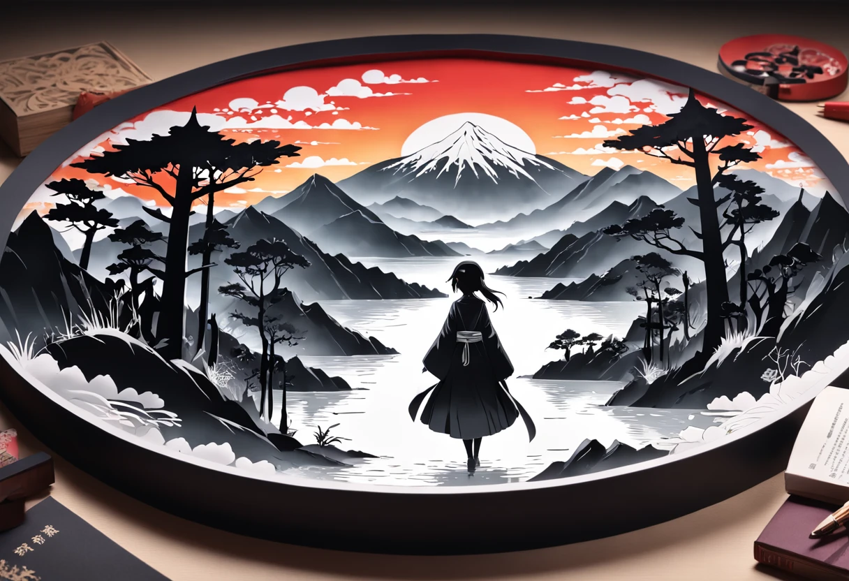 Black and white round paper cutout,Mountain and river diagram background, People are looking at the mountains, rivers and the sea of clouds, Exquisite traditional paper-cutting art, Black and white traditional style, Black and white coloring