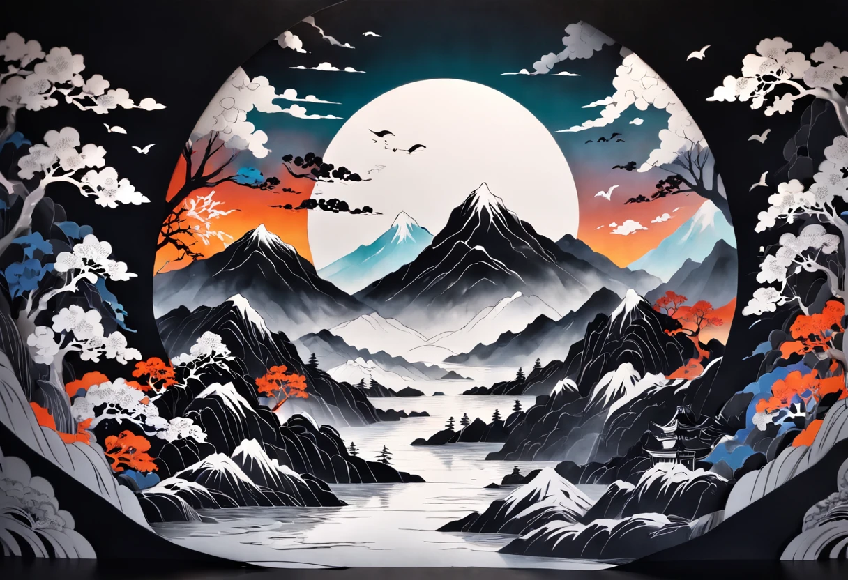 Black and white round paper cutout，Mountain and river diagram background, People are looking at the mountains, rivers and the sea of clouds, Exquisite traditional paper-cutting art, Black and white traditional style, Black and white coloring