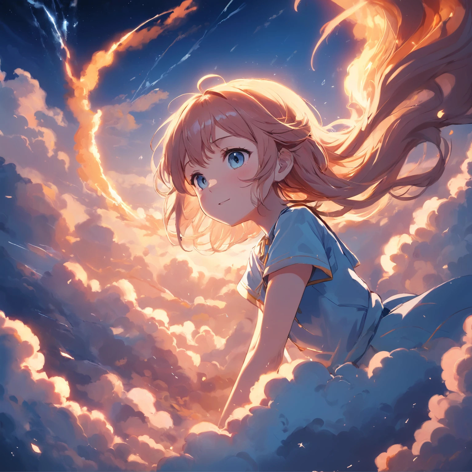 masterpiece, best quality, movie still, 1girl, cloud girl, floating in the sky, close-up, bright, happy, warm soft lighting, sunset, (sparks:0.7)