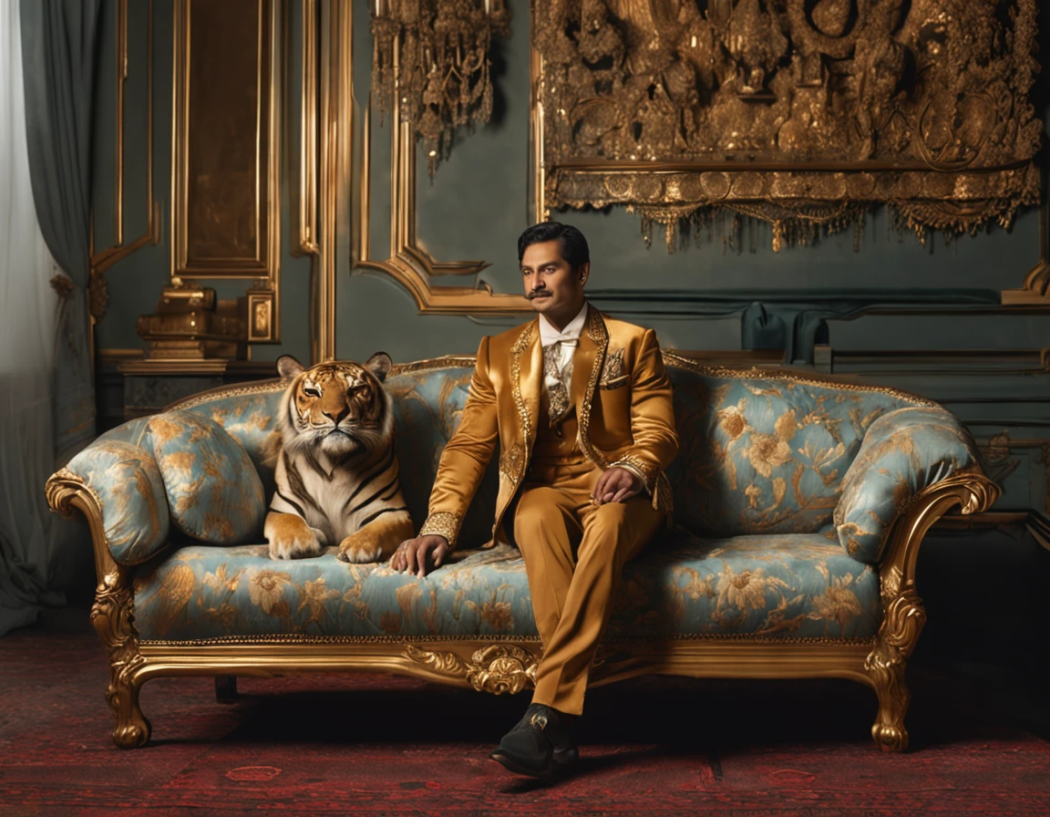a man sits on a luxurious sofa in a lavishly decorated room. By his side, a majestic tiger reclines gracefully, its presence adding an air of both power and serenity to the scene.
Art mediums: Oil painting,
Camera model: N/A,
Lighting style: Soft, warm, and diffused lighting,
Fancy words: Majestic, opulent, serene, powerful, luxurious,
Image description: In this exquisite oil painting, a handsome man is depicted in repose on a sumptuous sofa within an opulent room. The room is adorned with intricate, gilded details and soft, flowing curtains that drape gracefully from the windows. The warm, diffused lighting bathes the scene in a soft glow, creating an atmosphere of relaxation and luxury. To the man's side, a magnificent tiger, with its regal bearing and piercing gaze, sits as a symbol of both power and serenity. The juxtaposition of human and beast in this elegant setting evokes a sense of harmony and majesty.
