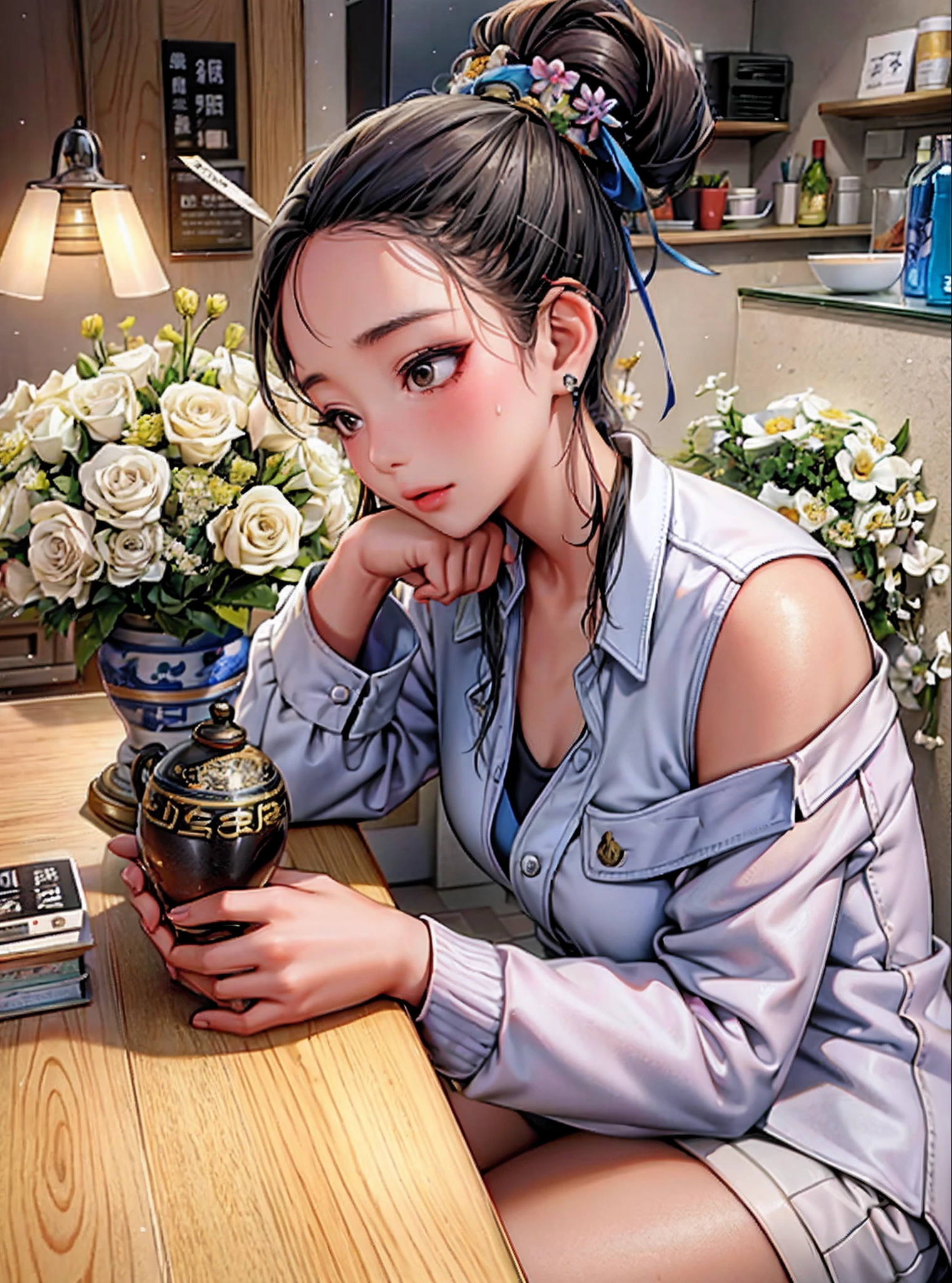 There was a woman sitting at the table,Holding a vase of flowers in his hand, With flowers, dilraba dilmurat, 19-year-old girl, xintong chen, she is about 2 , Handsome girl, Cai Xukun, she is about 1 6 years oldout 20 years old, she is about 2 0 years old