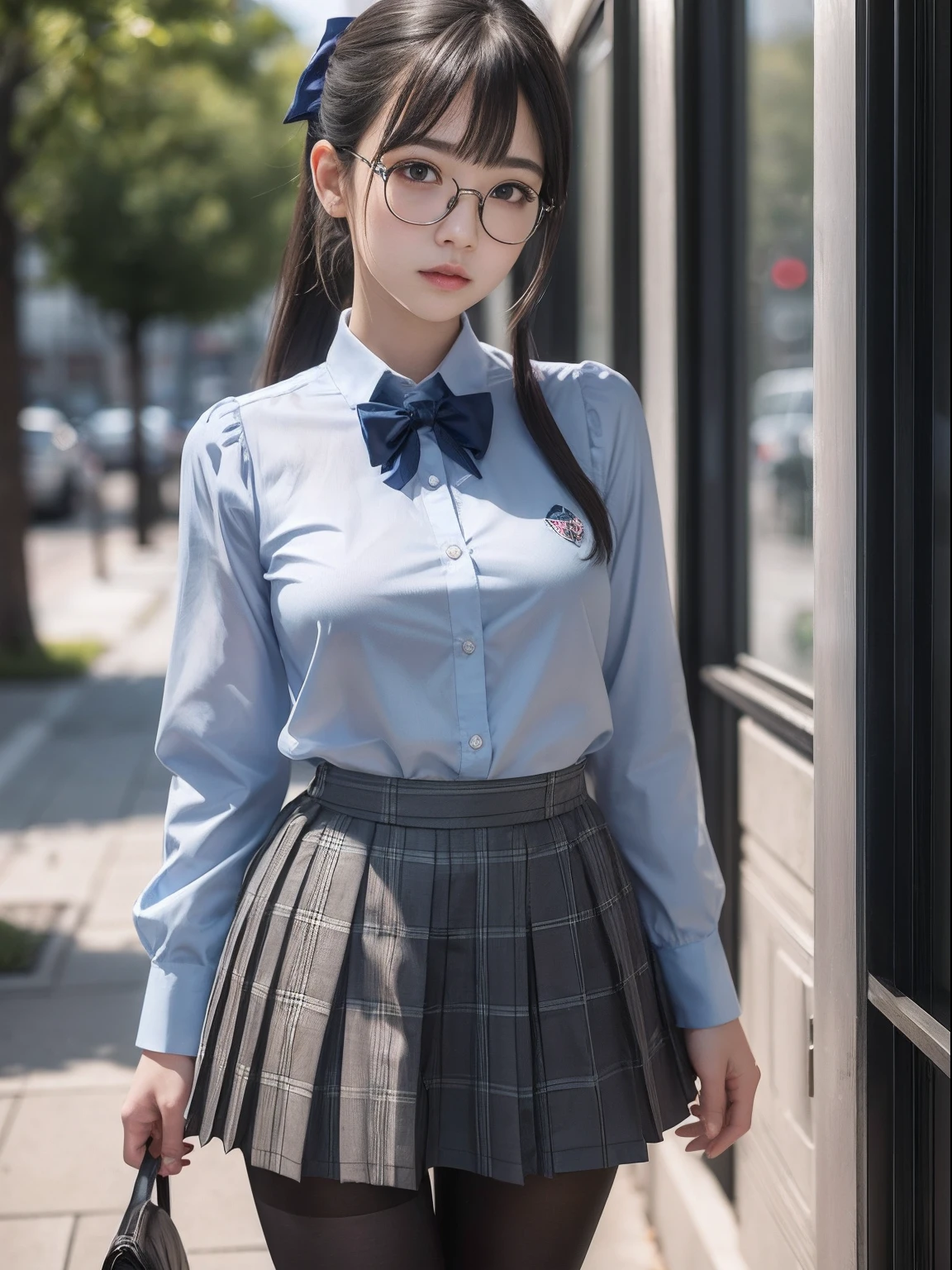 (Long ponytail),(Underwear is visible),(8K、Raw photography、top-quality、masterpiece:1.2),pigeon chest,glamor,Chromo-white skin,cocky,School,watching at viewers,Looking at the front,Muchimuchi,High-pitched clothing,Erotic,Pupils,de pele branca,kne,((Black pantyhose)),absurderes,a small face,,Forehead visible,Bangs hanging from the left and right sides of the forehead,(a cold expression,Tight eyes,glares,Bullish,irate)、masterpiece,top-quality、超A high resolution,Raw photo,ren,Beautiful fece,One Person, 独奏,eye glass,,Dark look,Small breasts,fullllbody,Round glasses,JK school uniform,hi-school girl,A Japanese Lady,is standing,(Photorealsitic:1.37)、Photon mapping,Realistic、Beautie,Cute little face,Brown-eyed、Black socks、(Red bow tie)、Radio City、Physically Based Rendering、depth of fields、Blurry background、a picture,Body,beauty legs, Long legs, Thin leg,(Bangs are visible), hair, s lips, Blue_The eye, nosesoft,(Light blue shirt), (Navy and blue and white plaid pleated skirt), Knees are visible,Sheer clothing,, Thigh, Black cotton socks,Nogizaka Idol, 女優, Japanese ido