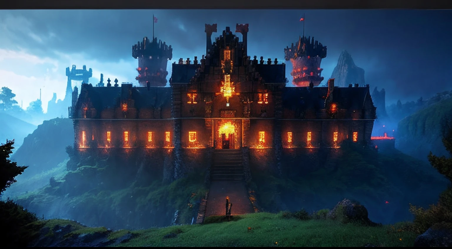 pixel game,scenography,fantastical scenes,hell,magma,gloomy castle,cold shades, Pixel art #pixelart