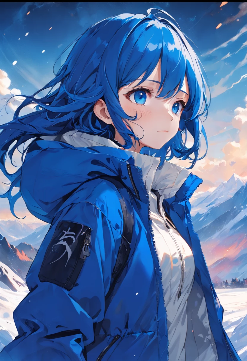 Klein blue hair,White down jacket,snowfield,being thin,With black-framed glasses,Put your hands in your pockets,arm,Cold