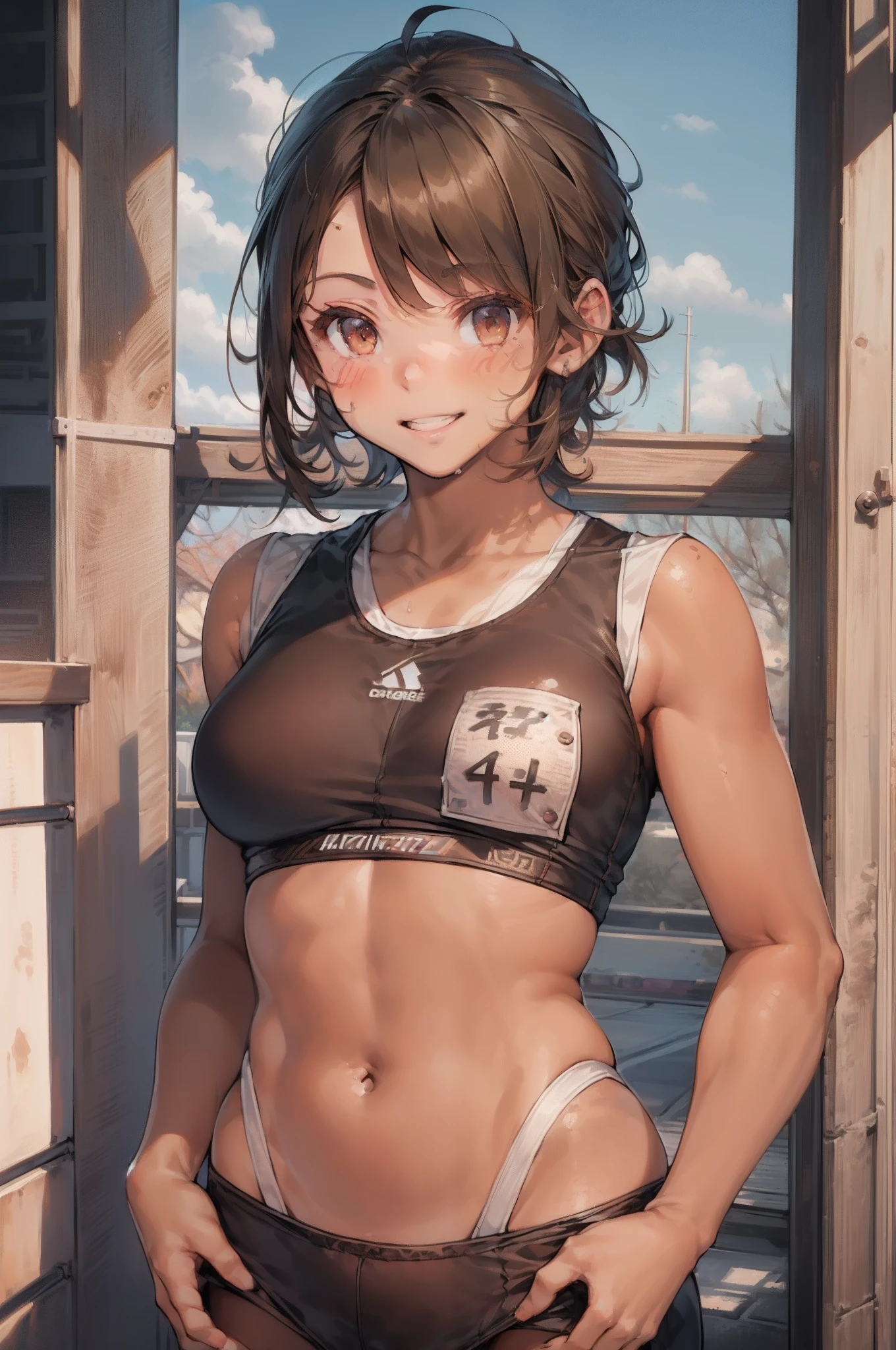 ((masutepiece)), (1 girl:2.0), (extra detailed face, Smiling), Short haircut, Brown hair, Petite, (Thin Build), (a japanese girl), ((Athletics Club Member, Long-distance runner)), Slightly round face, (Tanned brown face:1.6), Cute, Big eyes
