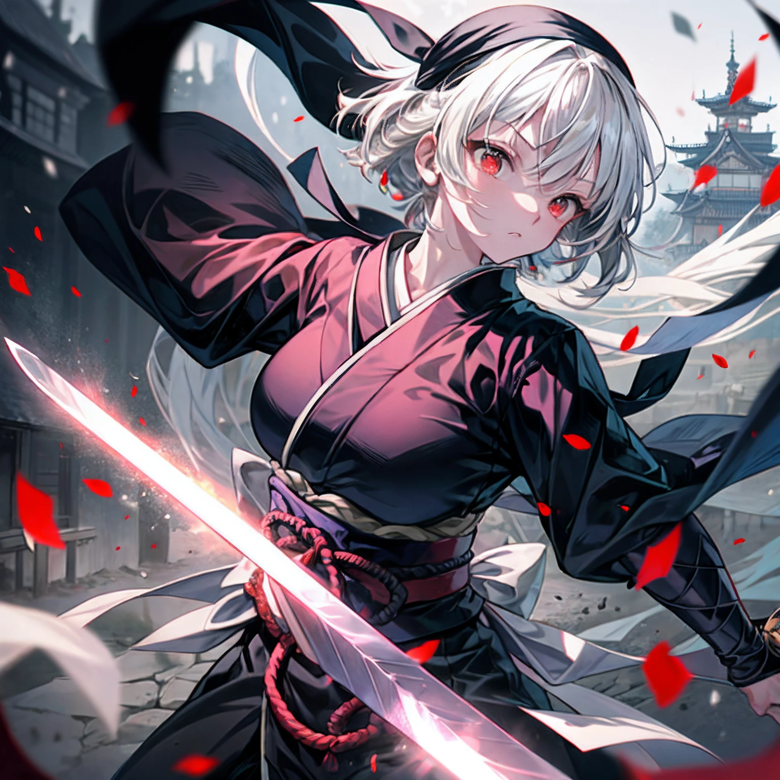 japanese castle background,1 ninja,sarashi,black bandana,black ninja,white hair,short hair,red eyes,Japanese sword,swing a sword,depth of field,foreshortening,fighting stance,upper body,1girl