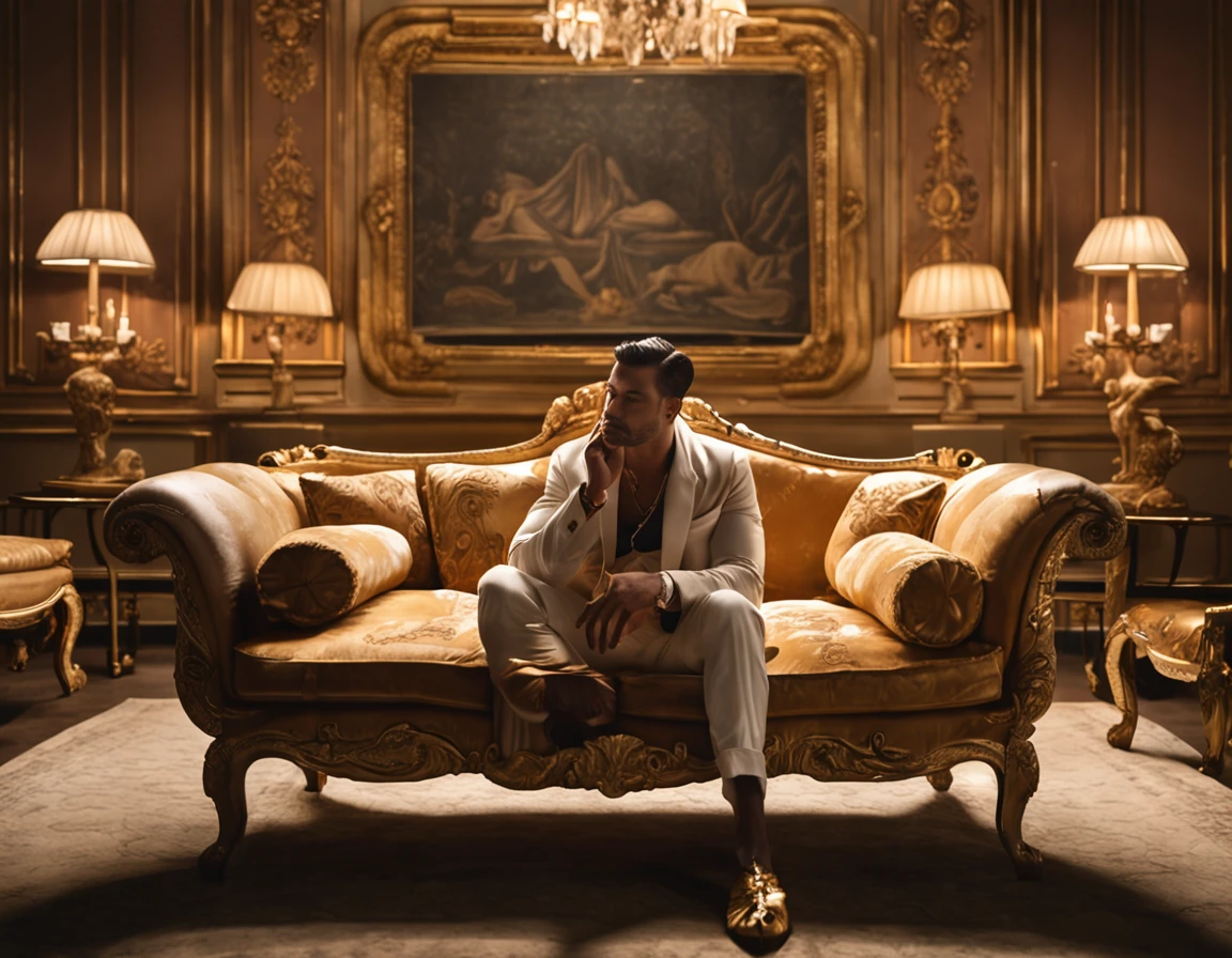 a man sits on a luxurious sofa in a lavishly decorated room. By his side, a majestic tiger reclines gracefully, its presence adding an air of both power and serenity to the scene.
Art mediums: Oil painting,
Camera model: N/A,
Lighting style: Soft, warm, and diffused lighting,
Fancy words: Majestic, opulent, serene, powerful, luxurious,
Image description: In this exquisite oil painting, a handsome man is depicted in repose on a sumptuous sofa within an opulent room. The room is adorned with intricate, gilded details and soft, flowing curtains that drape gracefully from the windows. The warm, diffused lighting bathes the scene in a soft glow, creating an atmosphere of relaxation and luxury. To the man's side, a magnificent tiger, with its regal bearing and piercing gaze, sits as a symbol of both power and serenity. The juxtaposition of human and beast in this elegant setting evokes a sense of harmony and majesty.