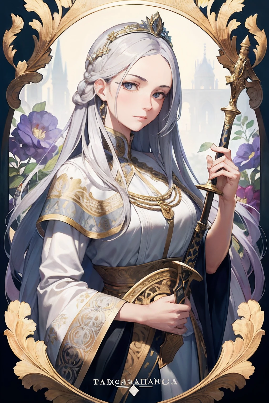 Facial portrait of a European woman,with long coiled hair,Gray hair,Court dress,diadems,Sword in hand,Floral frame,Decorative panels,abstract artistic,Alphonse Mucha(tmasterpiece,best qualtiy,A high resolution:1.4),A detailed,complexdetails,4K,splash of color,line art,Fibonacci,