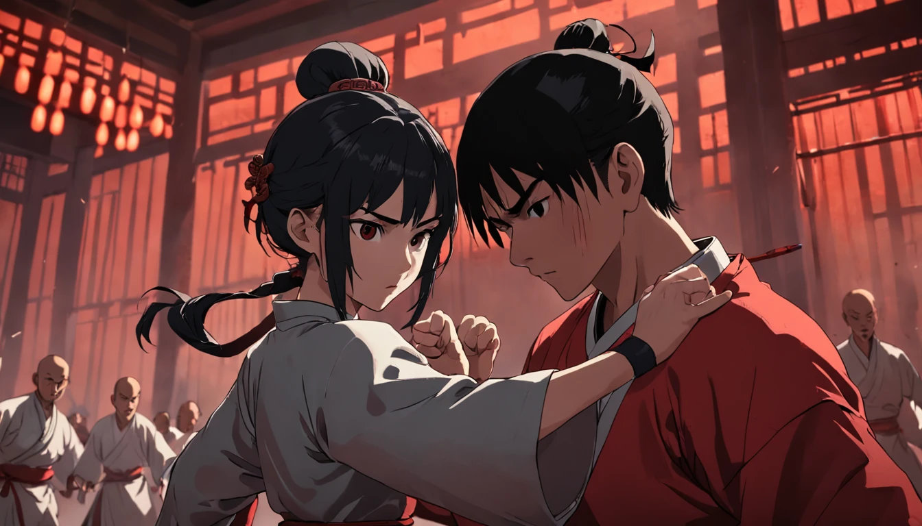 Assassination of the royal coup d'état in Eastern China, 1 Shaolin woman and 1 brother, Fight against 2 assassins, Masterpiece, Best quality, cinematic Film still from, standing in the room, Close-up, Dim, Scary, Cold hard lighting, midnight, (spark of light:0.7)