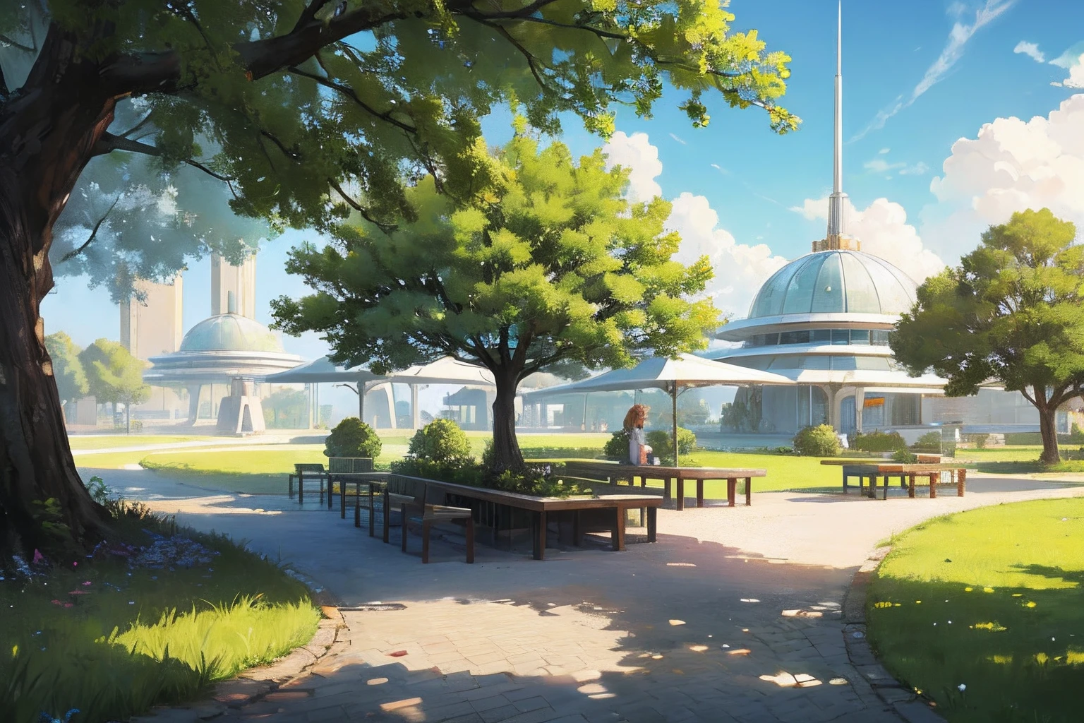 futuristic park cafe, with trees, grass, park ecology is strictly protected and environmentally friendly energy and buildings are the only permitted forms of structure, ecology, solarpunk, HD in the style of ethereal semi transparency