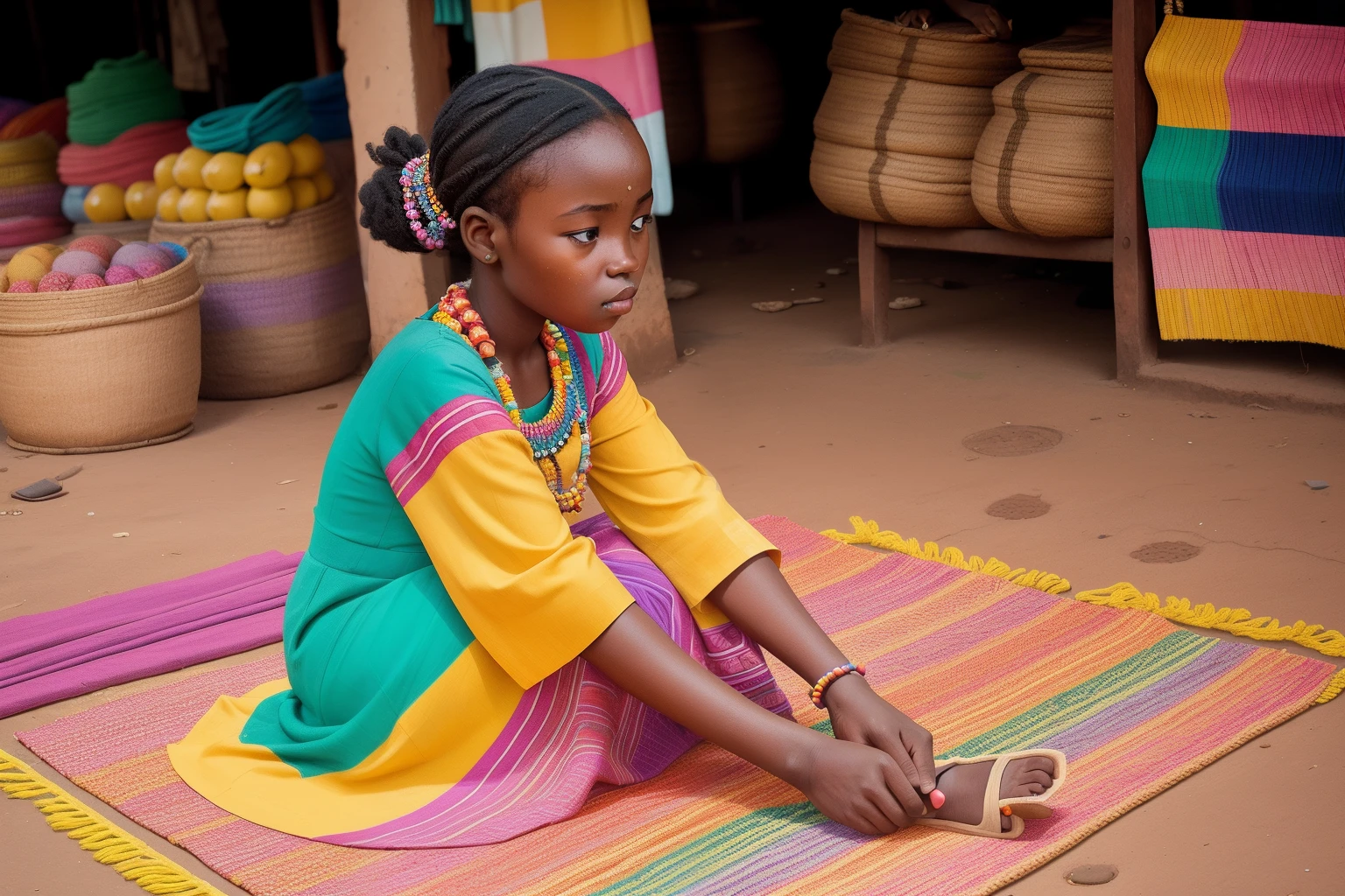 Year: 2022
Country: Uganda
Description: Within a vibrant Kampala market square, a young girl in a pastel dress sits cross-legged on a woven mat, carefully arranging colorful fabrics and beads for sale.