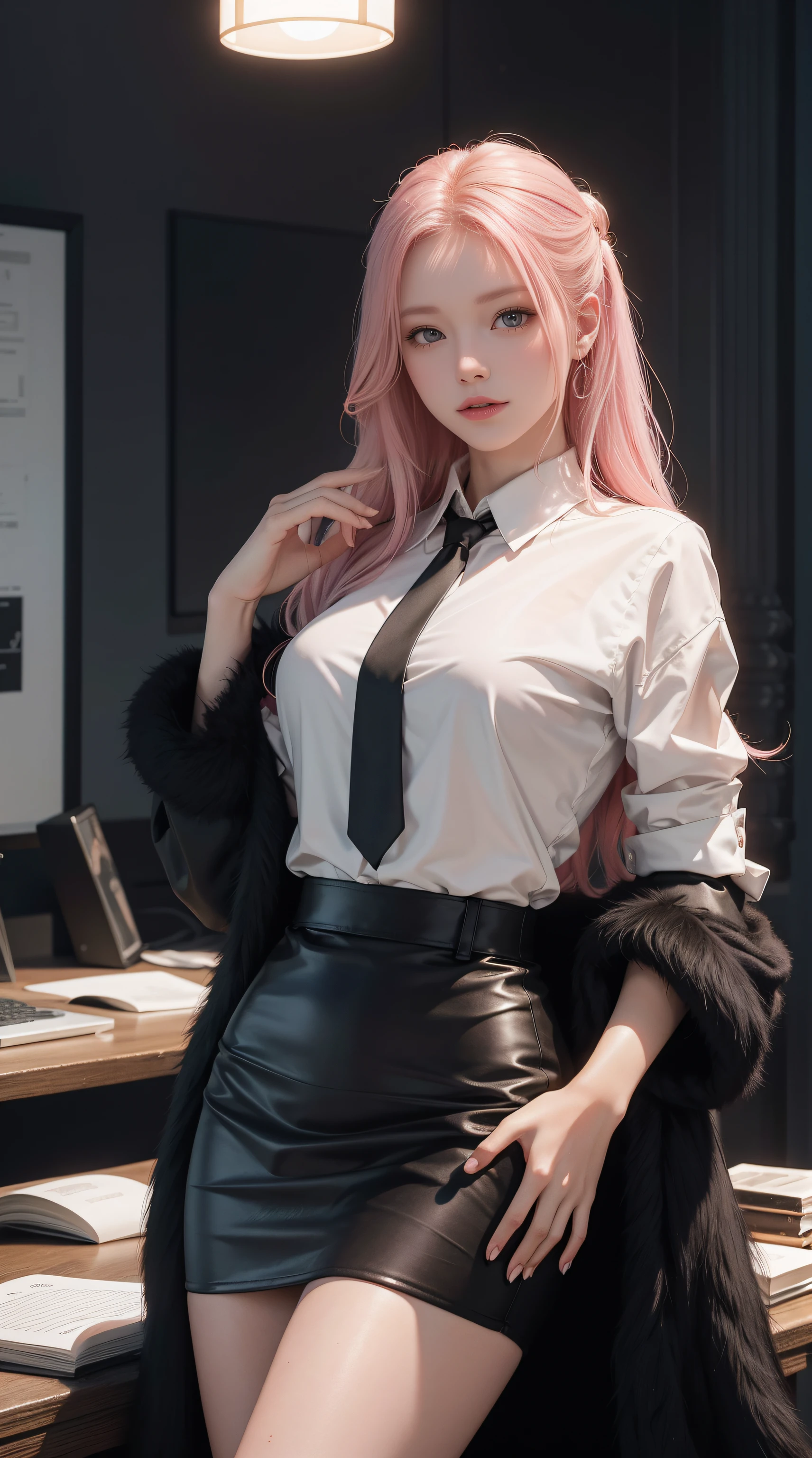 BestWorks,Ultra-high quality work,8K HD CG production,High-quality graphics,3D HD CG works,10x pixels,ultra-clear:1.1,Advanced technical details:1.1,Photorealistic,Indoor lighting effects:1.1,Natural dimming,Light effect(Virtual light effects:1.1),Ultra-high resolution,Suit photo,Long light pink hair,Clear strands of hair,High detail hair(Premium hair details:1.1)Clear eyes,Good-looking double eyelids,Sharp eye makeup, Fine makeup eyelashes, Thin eyebrows, Super detailed eyes,High nose, Nice red lips, rosycheeks, A face with delicate makeup , Pretty face, a face with perfect proportion,(Advanced face detailing:1.1)Suit outfit, Collared shirt,black necktie,Black skirt, pencil skirts, Fur coat underworld series,Black suit,Italian mafia,Mafia series,Office women's outfit,Tattooed with,high-heels,Panorama Figures,Goddess works,Mafia goddess,Women's clothing boss(真实感:1.1)Sense of amazement,It's eye-catching