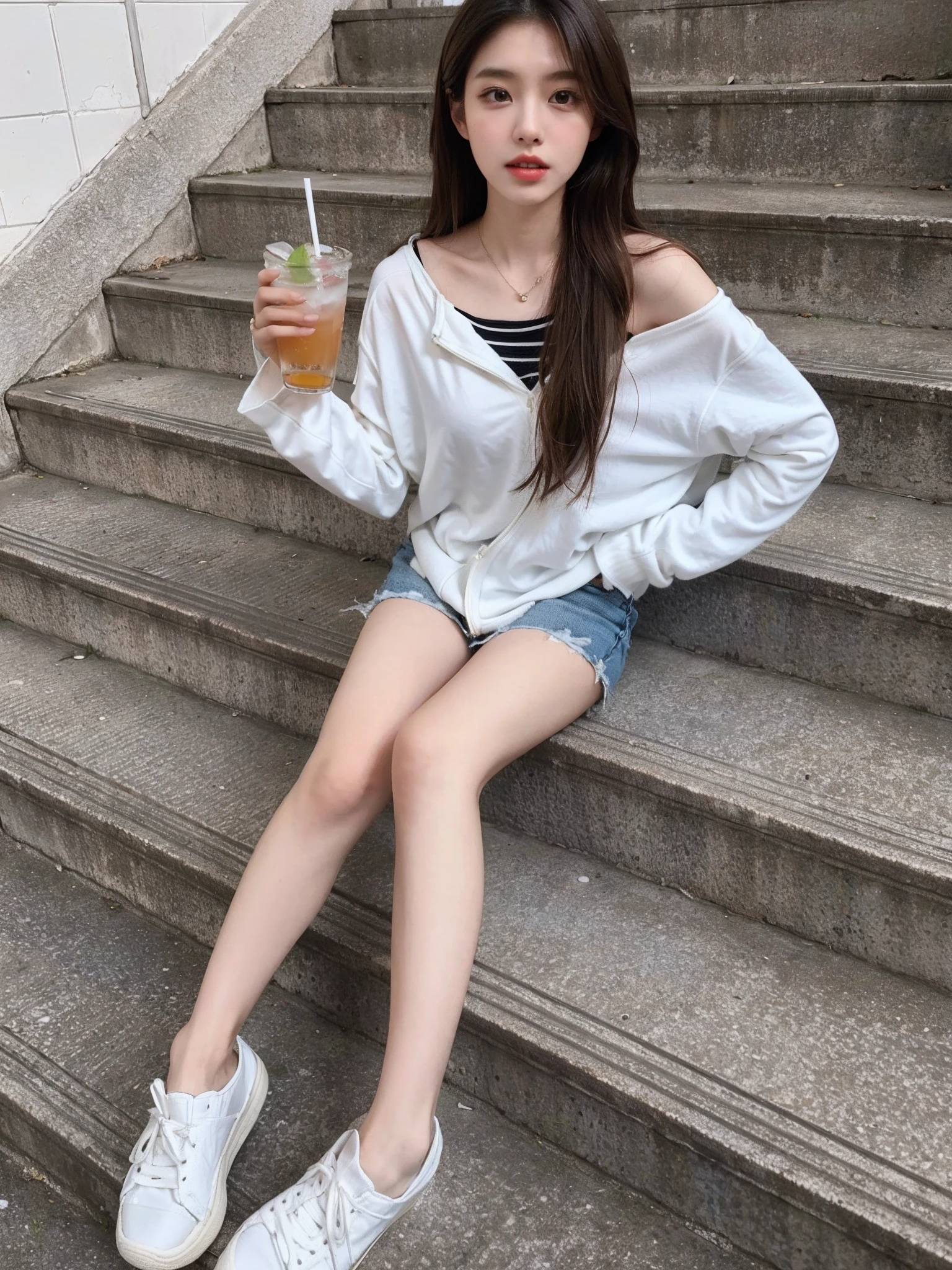 There was a woman sitting on the steps,Holding a drink in your hands, ulzzangs, photo of slim girl, Korean girl, 2 4 year old female model, young and cute girl, white trendy clothes, Casual clothes, smooth white tight clothes suit, wearing casual cloths, 🤬 🤮 💕 🎀, 19-year-old girl, 155 cm tall