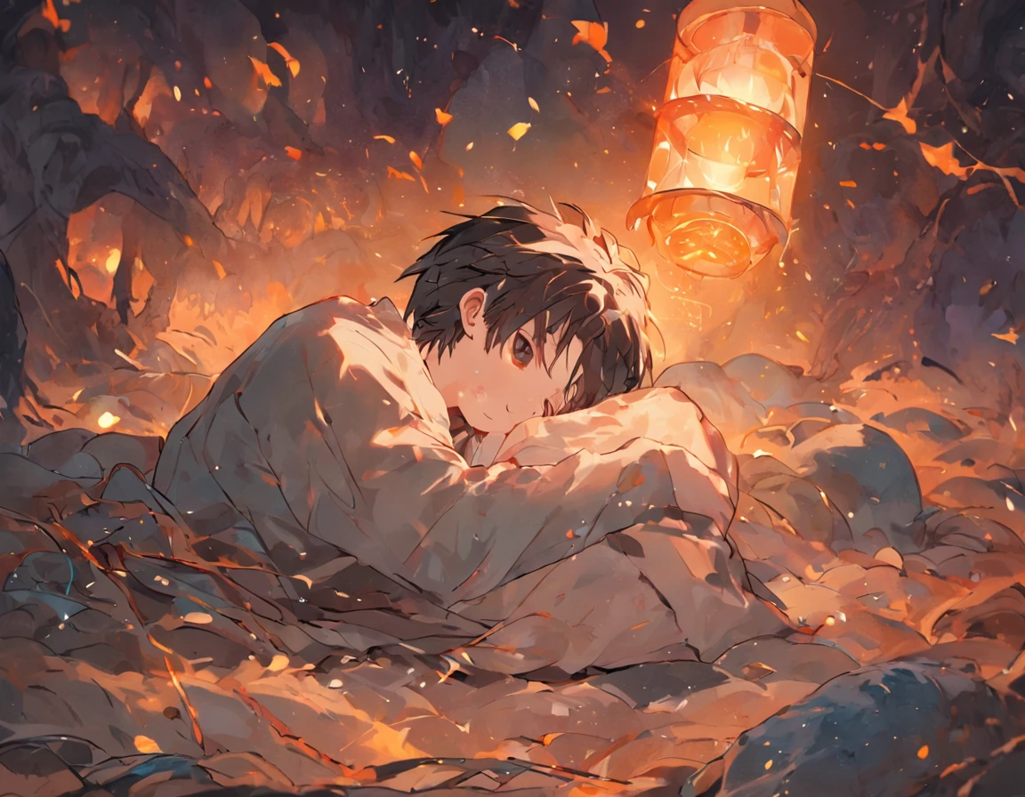 tmasterpiece, best qualityer, 8k wallpaper，A newborn baby boy，（Newborn babies：1.3），Wrapped in a quilt，Lying on a rural earthen kang，The background is night，The oil lamp in the room was on，Scary atmosphere，Close-up of people，