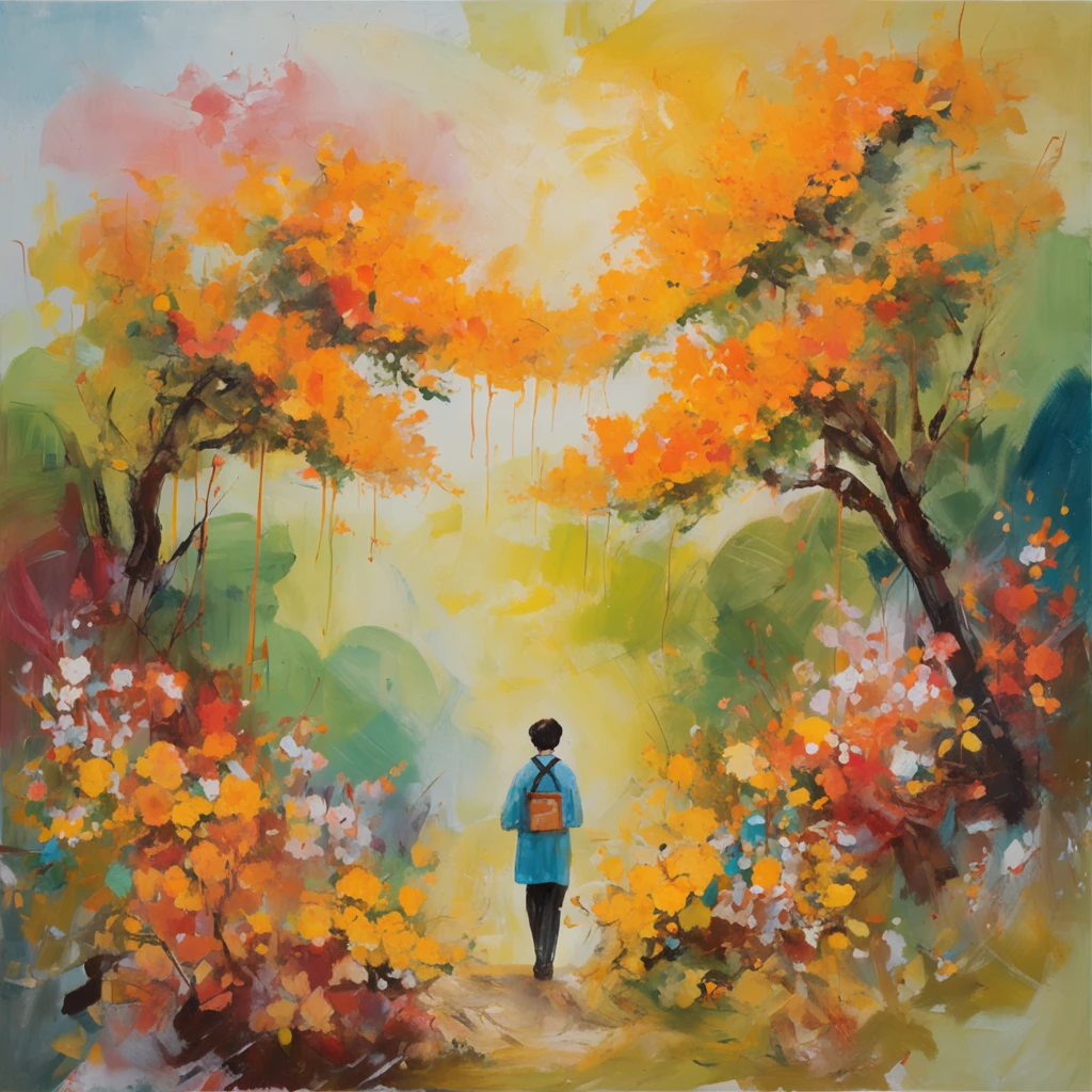 sweet osmanthus，A forest of osmanthus flowers。Forest path，There are osmanthus flowers nearby，Foliage，Osmanthus can see the details，Teenager in school uniform holding a book，Smiling faces，There are osmanthus flowers falling in the air, galaxy in background, Clouds, vivd colour, High contrast, Mountain, vector line art, orange highlights, trending in pixiv, anime concept art, Stick, Mattire, high high quality, Edge to edge, Sanskrit