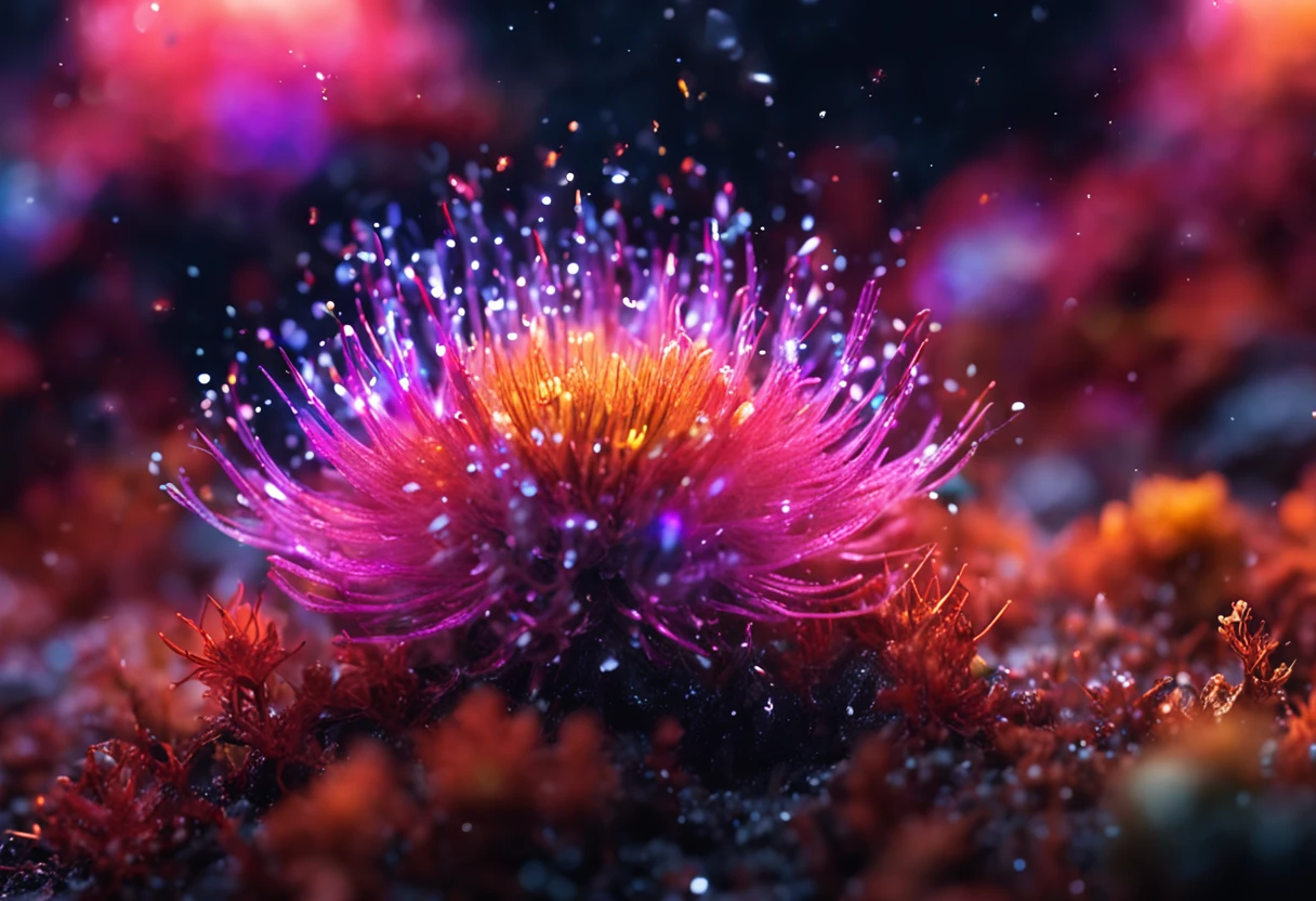 Crystal flowers, fanciful, milky ways, cleanness, Sparkling, Sparkling, Shining, Coloring, magic photography, The lighting is dramatic, Foto realism, ultra - detailed, 4K, depth of fields, A high resolution,Flowers from,Many small flowers,glowing firebugs