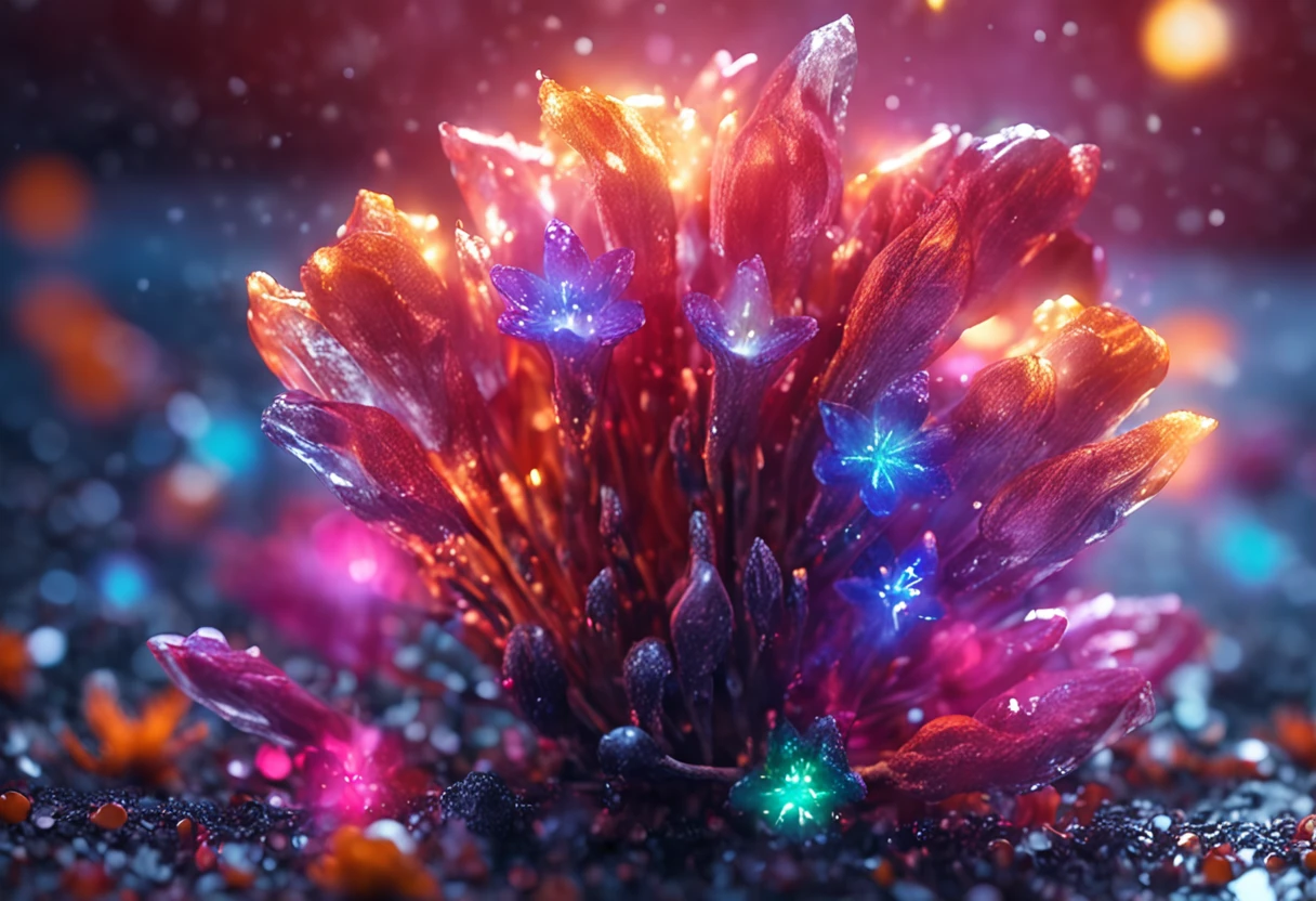 Crystal flowers, fanciful, milky ways, cleanness, Sparkling, Sparkling, Shining, Coloring, magic photography, The lighting is dramatic, Foto realism, ultra - detailed, 4K, depth of fields, A high resolution，Flowers from，Many small flowers，glowing firebugs