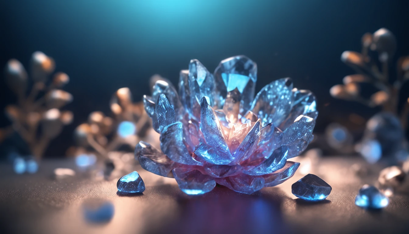 Crystal flowers, fanciful, milky ways, cleanness, Sparkling, Sparkling, Shining, Coloring, magic photography, The lighting is dramatic, Foto realism, ultra - detailed, 4K, depth of fields, A high resolution,Blue flowers,ice blue,with light glowing