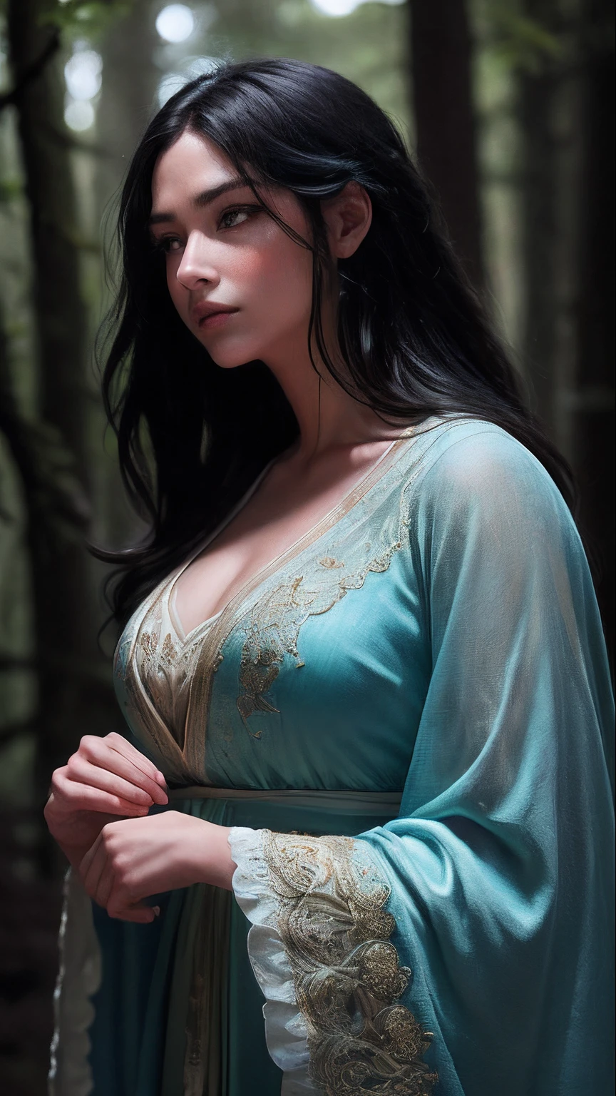 epic realistic, (dark shot:1.4), 80mm, Create a portrait of a woman with long, dark hair. She has a mysterious expression, gazing at the viewer with a slight tilt of her head. She is simply dressed, with an arm wrapped around a tree branch that also resembles a brain cell. The background features a forest of blue, impressionistic leaves, with an eerie white light shining through and a gradient shadow on the top part of the woman's face. Use a backlighting effect to add depth to the image. impressionistic painting style, john singer sarget, anders zorn, blue pallette, wider show with more background and forest, (natural skin texture, hyperrealism, soft light, sharp:1.2), soft light, sharp, exposure blend, medium shot, bokeh, (hdr:1.4), high contrast, (cinematic, teal and orange:0.85), (muted colors, dim colors, soothing tones:1.3), low saturation, (hyperdetailed:1.2), (noir:0.4), (intricate details:1.12), hdr, (intricate details, hyperdetailed:1.15), faded, (neutral colors:1.2), art, (hdr:1.5), (muted colors:1.1), (pastel:0.2), hyperdetailed, (artstation:1.4), warm lights, dramatic light, (intricate details:1.2), vignette, complex background, rutkowski,