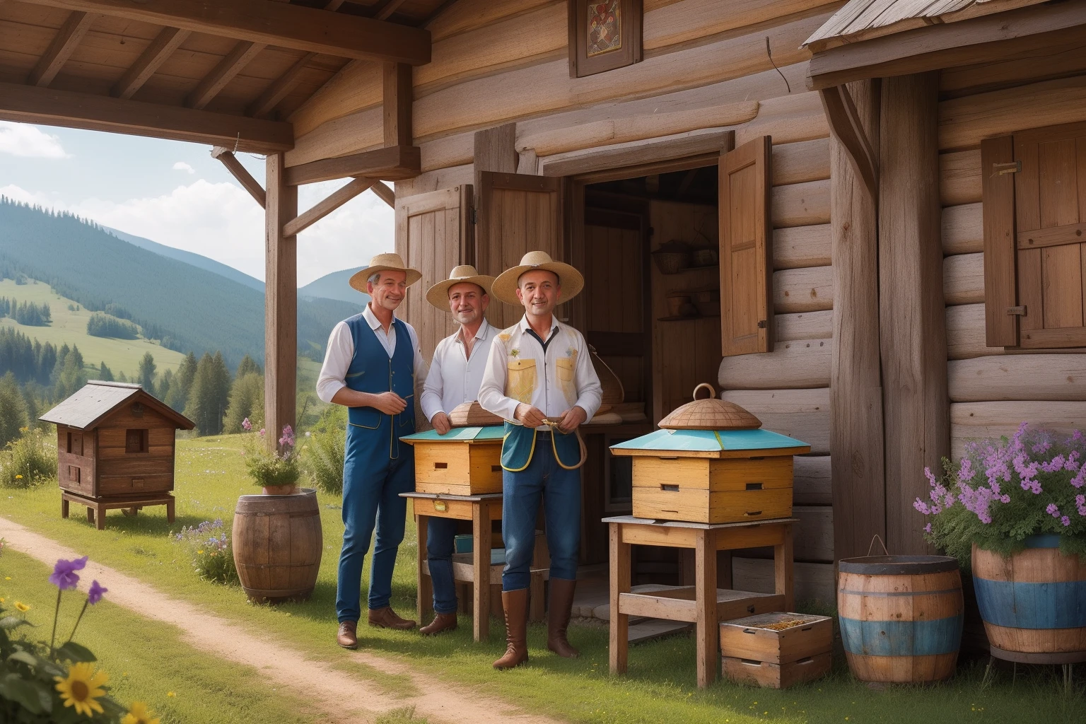 Year: 2022
Country: Ukraine
Description: In the picturesque village of Yaremche nestled in the Carpathian Mountains, a father and his two young sons dressed in colorful embroidered shirts tend to their beehives. The lush greenery and wooden beekeeping equipment create a quaint and vibrant scene.
