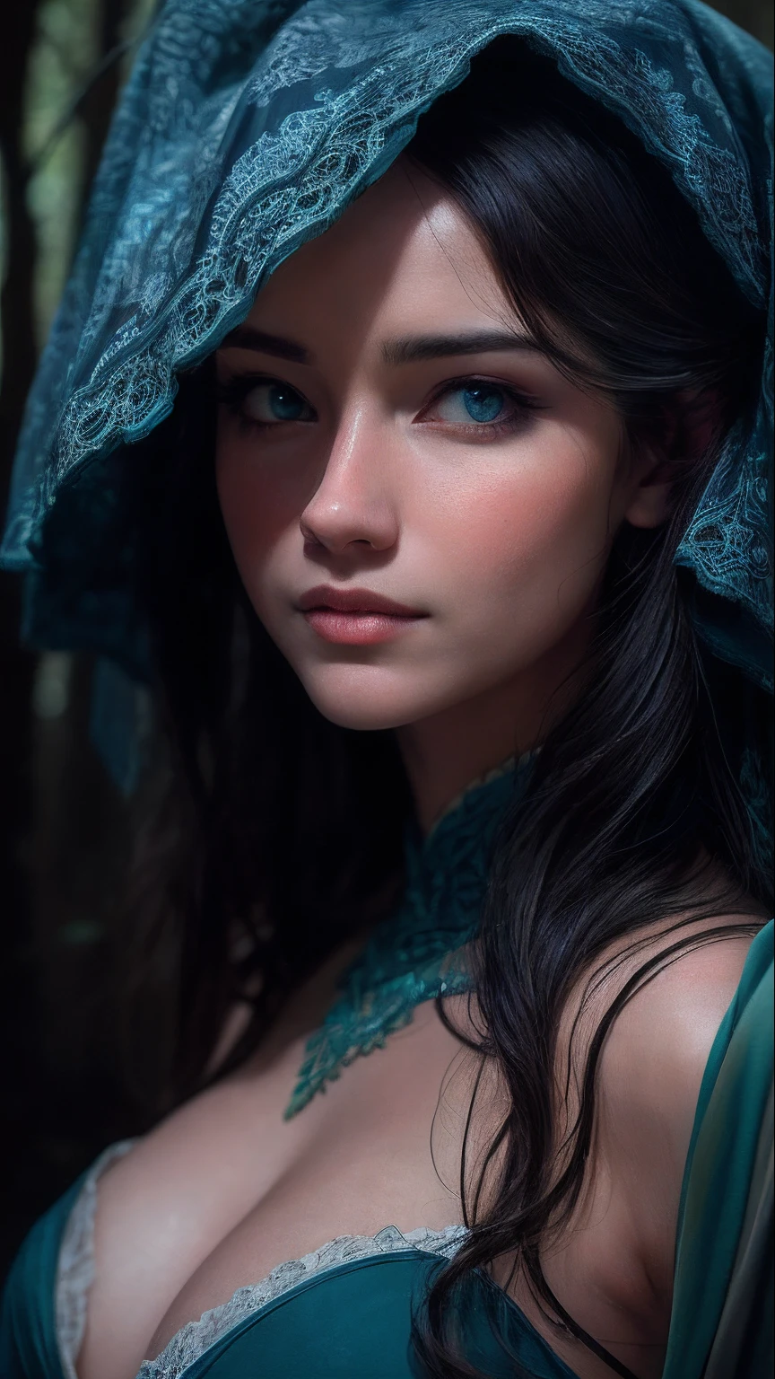 epic realistic, (dark shot:1.4), 80mm, Create a portrait of a woman with long, dark hair. She has a mysterious expression, gazing at the viewer with a slight tilt of her head. She is simply dressed, with an arm wrapped around a tree branch that also resembles a brain cell. The background features a forest of blue, impressionistic leaves, with an eerie white light shining through and a gradient shadow on the top part of the woman's face. Use a backlighting effect to add depth to the image. impressionistic painting style, john singer sarget, anders zorn, blue pallette, wider show with more background and forest, (natural skin texture, hyperrealism, soft light, sharp:1.2), soft light, sharp, exposure blend, medium shot, bokeh, (hdr:1.4), high contrast, (cinematic, teal and orange:0.85), (muted colors, dim colors, soothing tones:1.3), low saturation, (hyperdetailed:1.2), (noir:0.4), (intricate details:1.12), hdr, (intricate details, hyperdetailed:1.15), faded, (neutral colors:1.2), art, (hdr:1.5), (muted colors:1.1), (pastel:0.2), hyperdetailed, (artstation:1.4), warm lights, dramatic light, (intricate details:1.2), vignette, complex background, rutkowski,