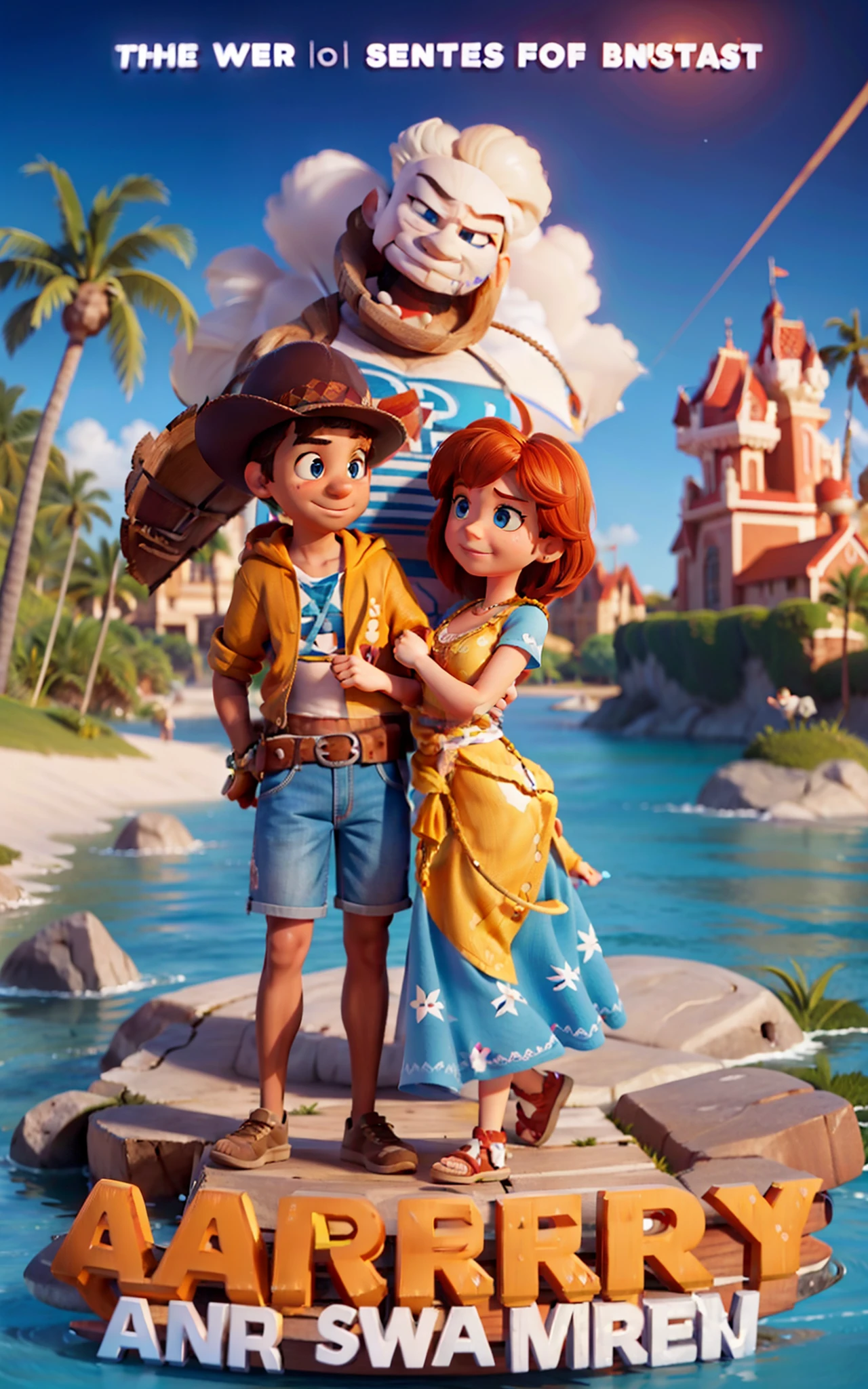 a movie poster by disney pixar,friendship of them it's about the movie, New friend met boy and a girl with visible prominent text in full view that spells "ASHEEZY AND SKAMBER", Epstein character smiling on a island as a young women stand around him with a distraught confused expression, 32k UHD, realistic render, Unreal Engine, lifelike, no pant, big booty, bikini, sexy, seduce