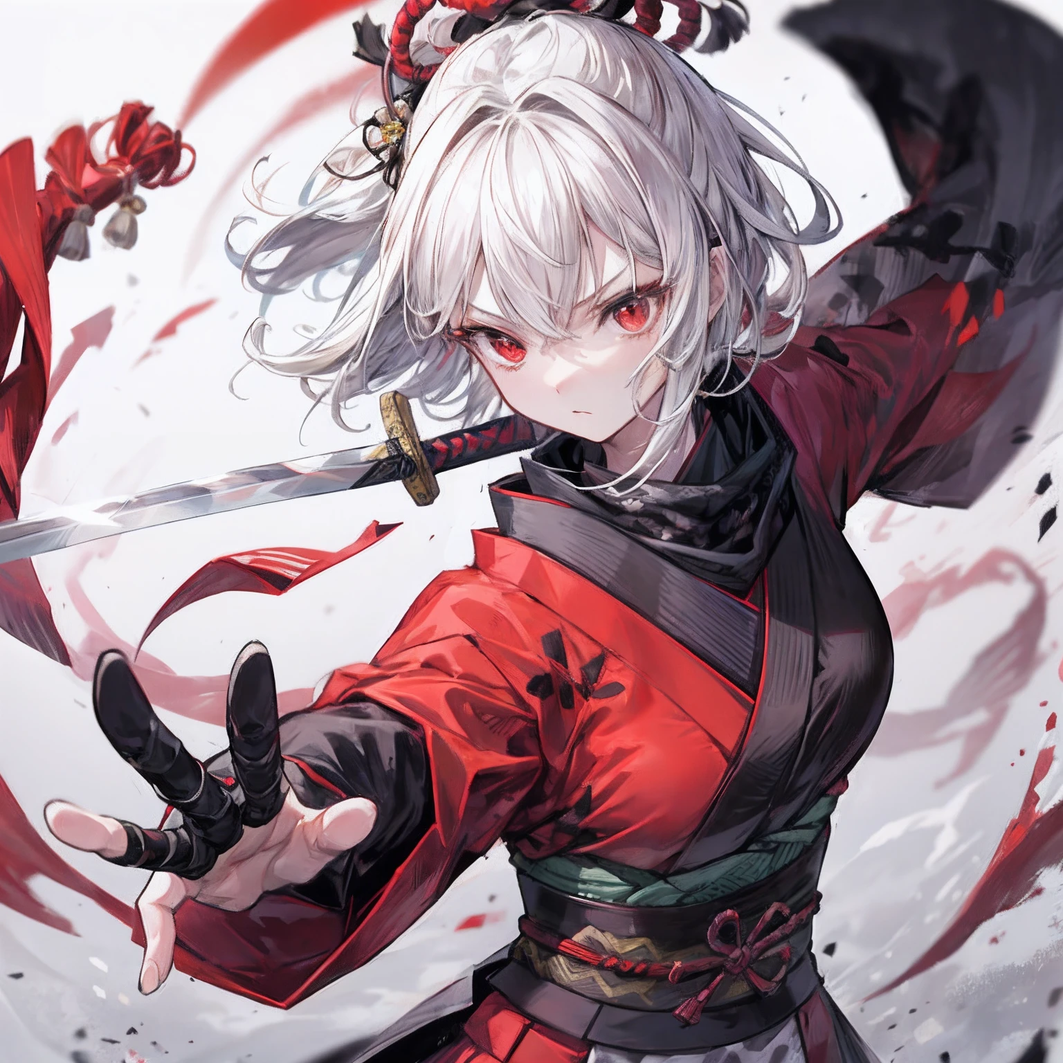 japanese castle background,1 ninja,sarashi,black bandana,black ninja,white hair,short hair,red eyes,Japanese sword,swing a sword,depth of field,foreshortening,fighting stance,upper body,1girl