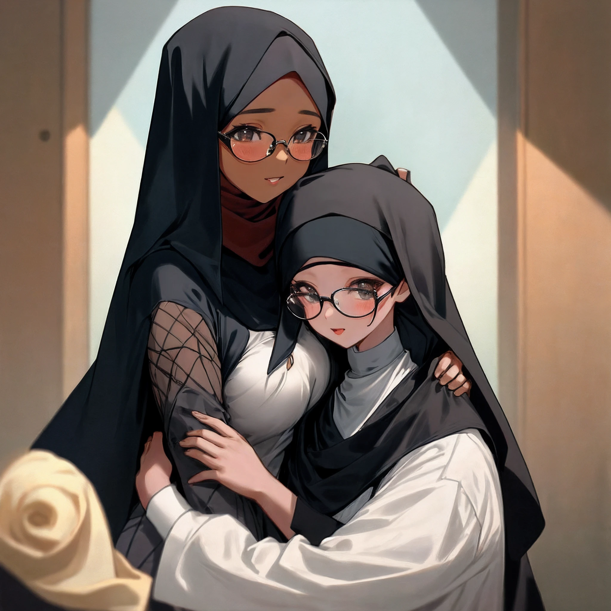 Beautiful hijab malay girl with normal breast and wearing glasses while a black man hugging her