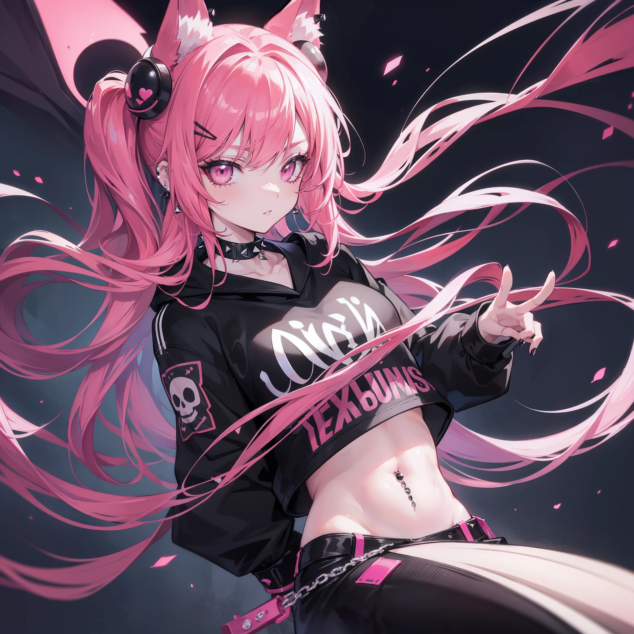 tmasterpiece, beste-Qualit, overdetalization, Beautiful lighting, 1girl, goth, long pink hair, hairlong,Pink fox ears,pink eyes, black eyeliner, black eye shadow,black lips, body piercings, collar with spikes, looks at the viewer,T-shirt with a skull, black jeans,Spiked choker, Hairpin on the video of the crock, high detailed eyes