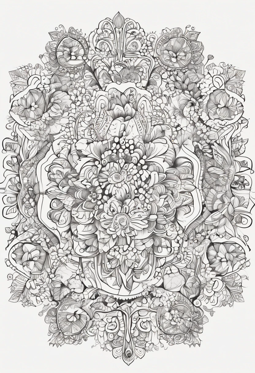 Kids Art Scheme Coloring Book, Estilo inspirado en Johanna Basford, fondo blanco, Estilo de boceto, cuerpo completo, Usar solo esquema, Estilo mandala, clean line art