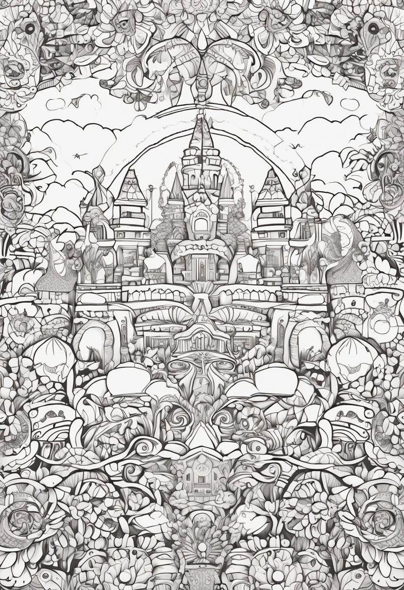 Kids Art Scheme Coloring Book, Estilo inspirado en Johanna Basford, fondo blanco, Estilo de boceto, cuerpo completo, Usar solo esquema, Estilo mandala, clean line art