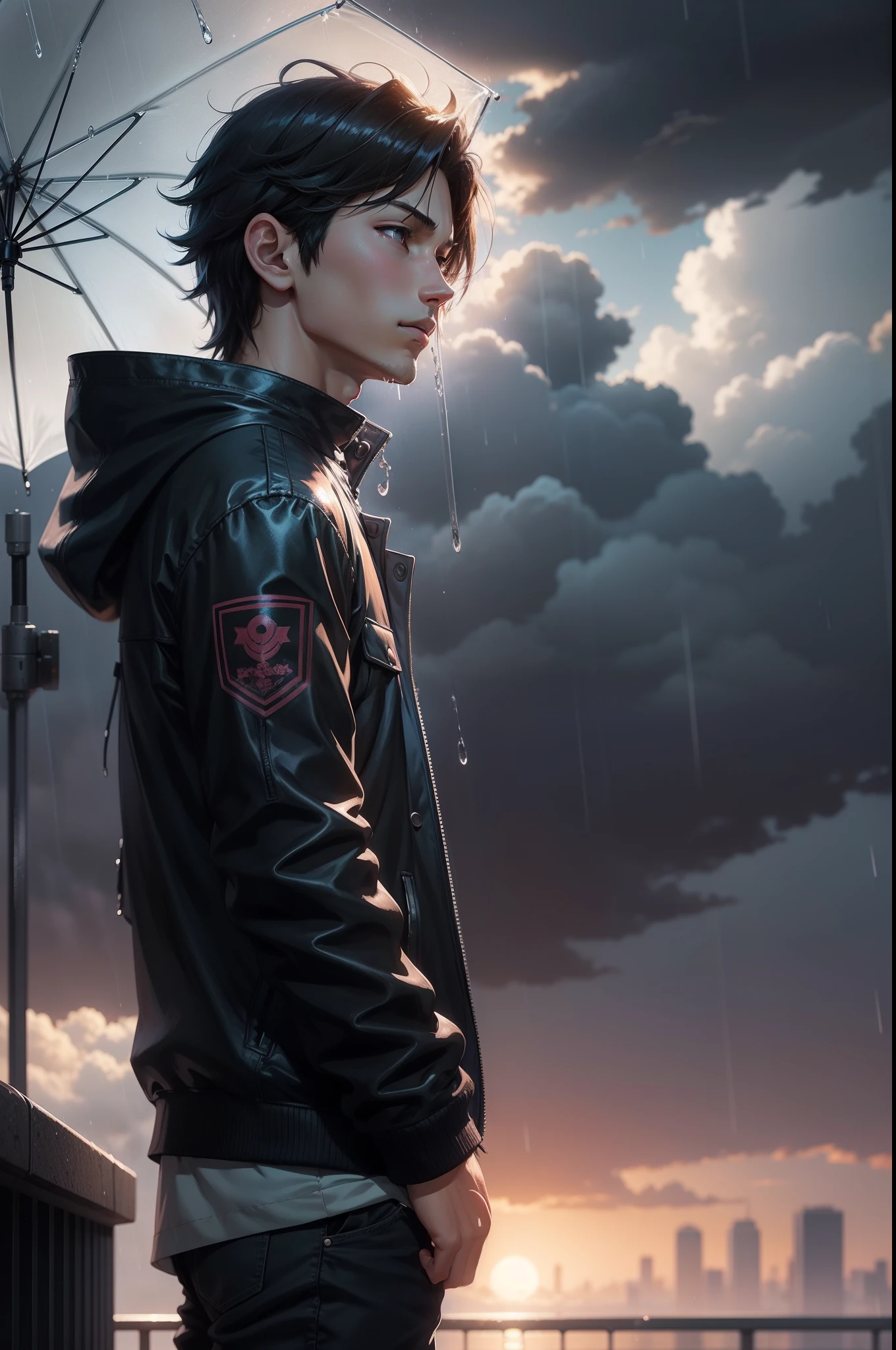 Young man looking up at the rainy sky, ultra-detailliert. anime image. by makoto shinkai, anime art wallpaper 4k, anime art wallpaper 4k, Anime art wallpaper 8k, anime wallpaper 4k, anime wallpaper 4k, 4K Anime Wallpapers, Anime Sky, amazing wallpapers, anime backgrounds, Anime Background Art