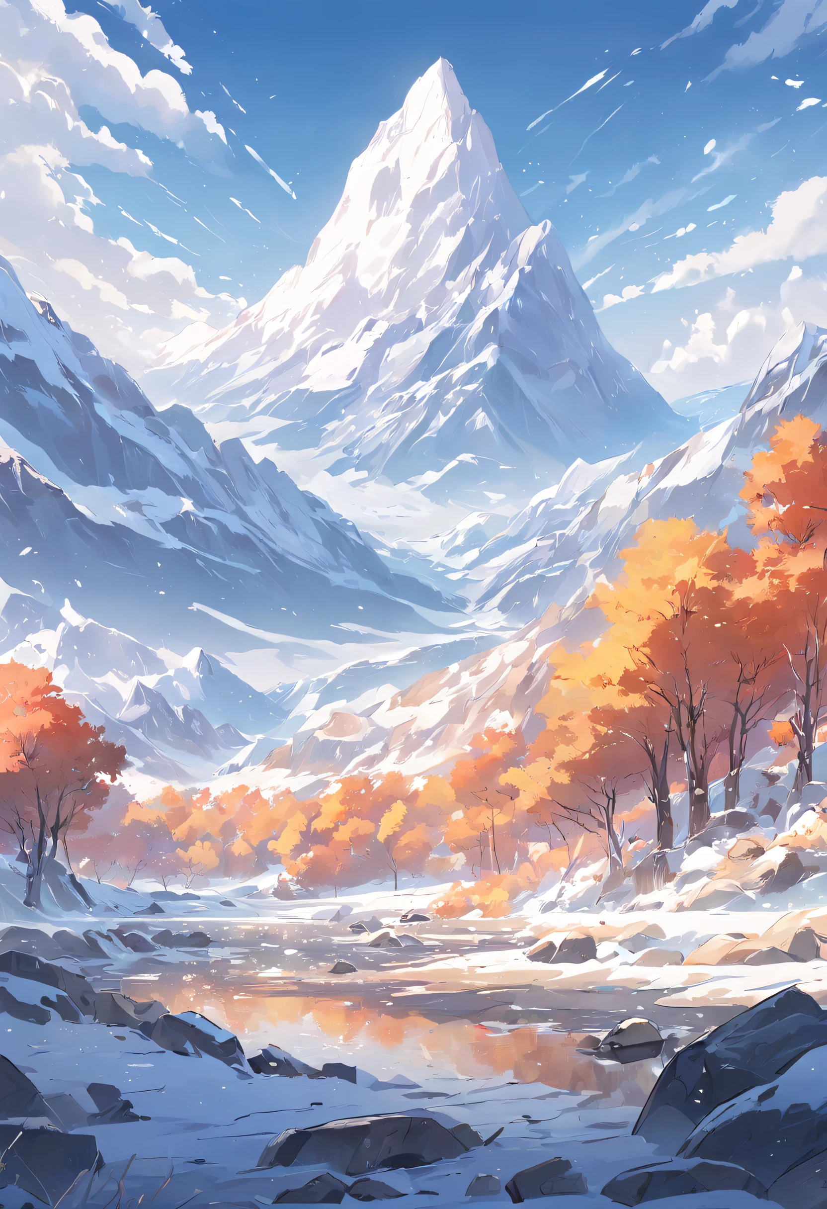 snow mountains,lakes,with blue sky and white clouds,The trees are colorful,digital landscape art, Detailed scenery —width 672, landscape artwork, environment design illustration, scenery art detailed, Desert oasis landscape, concept-art, 4k highly detailed digital art, 4 k digital painting, 4k digital painting, stunning digital illustration, digital painting concept art, Detailed digital painting
