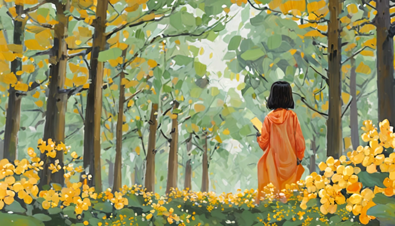 sweet osmanthus,A forest of osmanthus flowers。Forest path,There are osmanthus flowers nearby,Foliage,Osmanthus can see the details,Teenager in school uniform holding a book,Smiling faces,There are osmanthus flowers falling in the air, galaxy in background, Clouds, vivd colour, High contrast, Mountain, vector line art, orange highlights, trending in pixiv, anime concept art, Stick, Mattire, high high quality, Edge to edge, Sanskrit