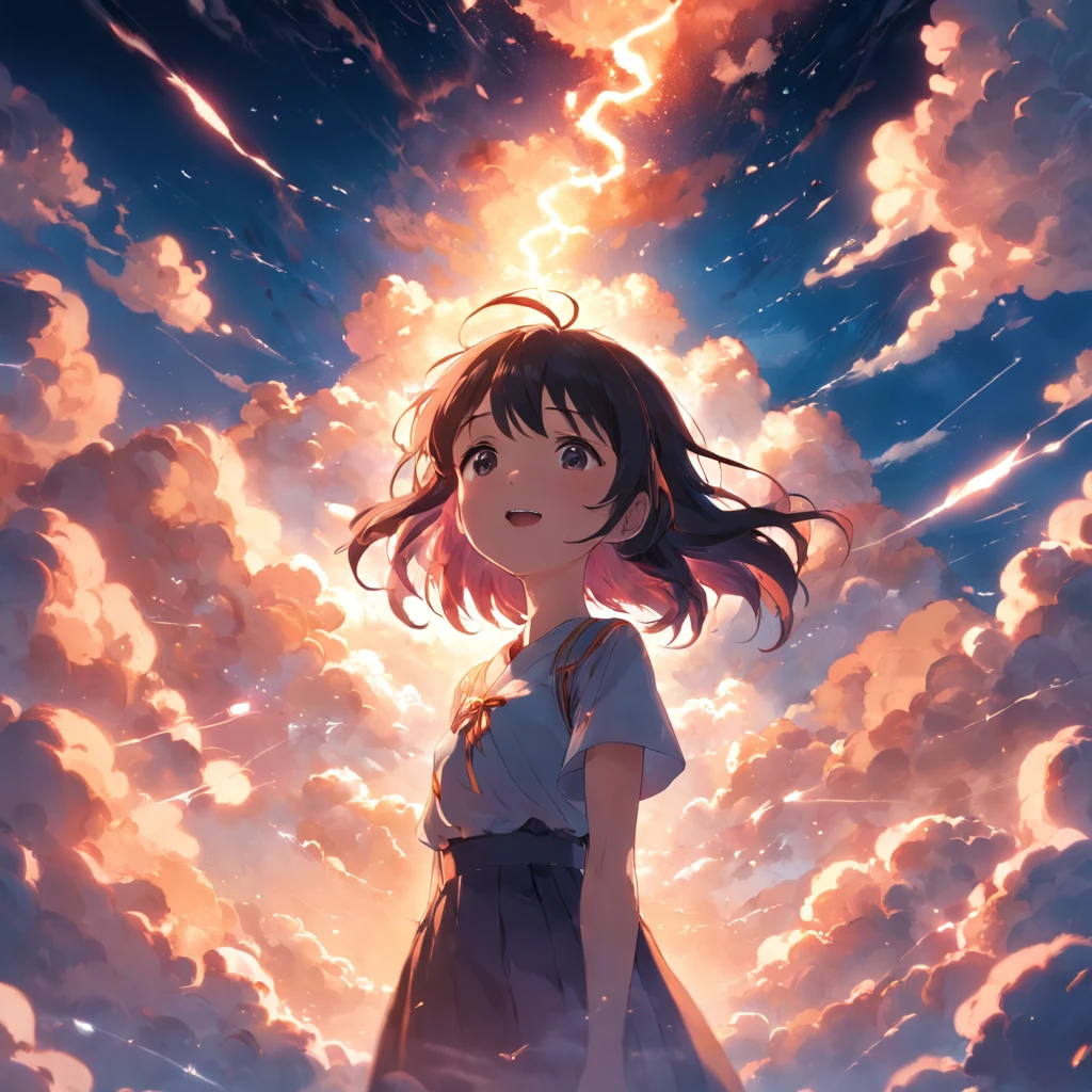 masterpiece, best quality, movie still, 1girl, cloud girl, floating in the sky, close-up, bright, happy, warm soft lighting, sunset, (sparks:0.7)