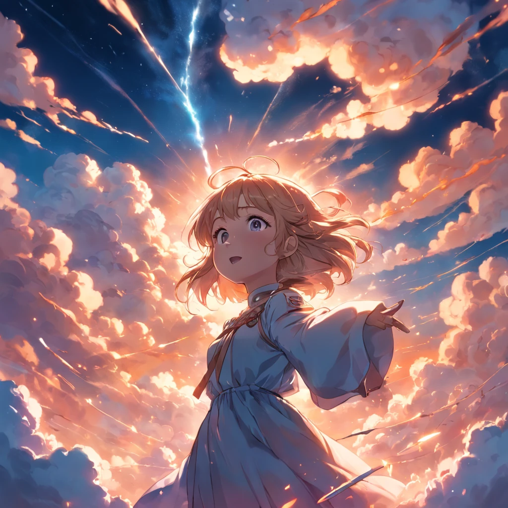 masterpiece, best quality, movie still, 1girl, cloud girl, floating in the sky, close-up, bright, happy, warm soft lighting, sunset, (sparks:0.7)