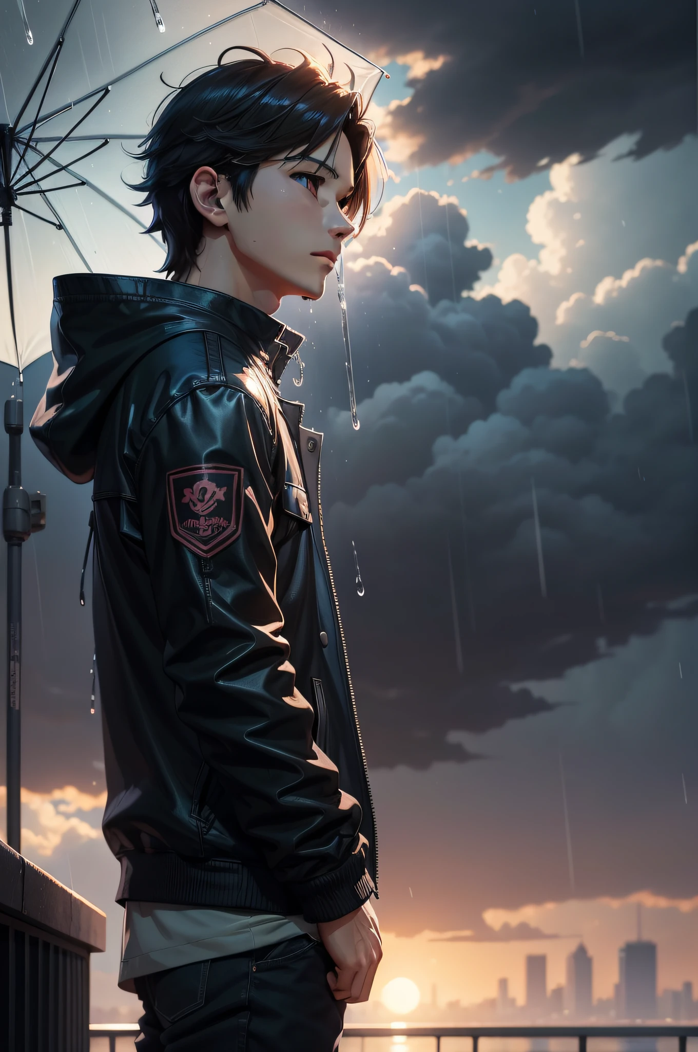 Young man looking up at the rainy sky, ultra-detailliert. anime image. by makoto shinkai, anime art wallpaper 4k, anime art wallpaper 4k, Anime art wallpaper 8k, anime wallpaper 4k, anime wallpaper 4k, 4K Anime Wallpapers, Anime Sky, amazing wallpapers, anime backgrounds, Anime Background Art